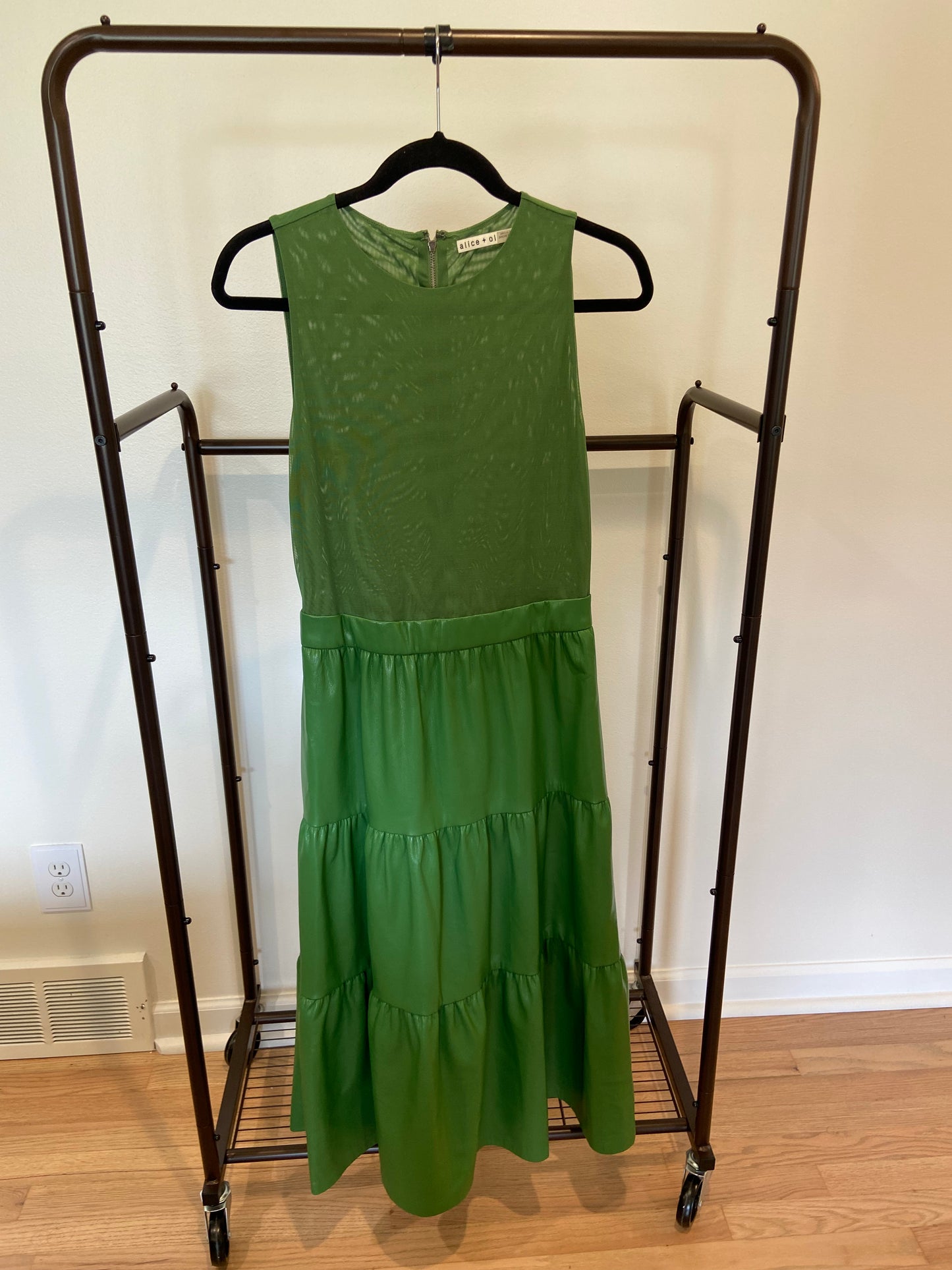 Alice and Olivia Conley Vegan Leather Tiered Midi Dress in Green size 6