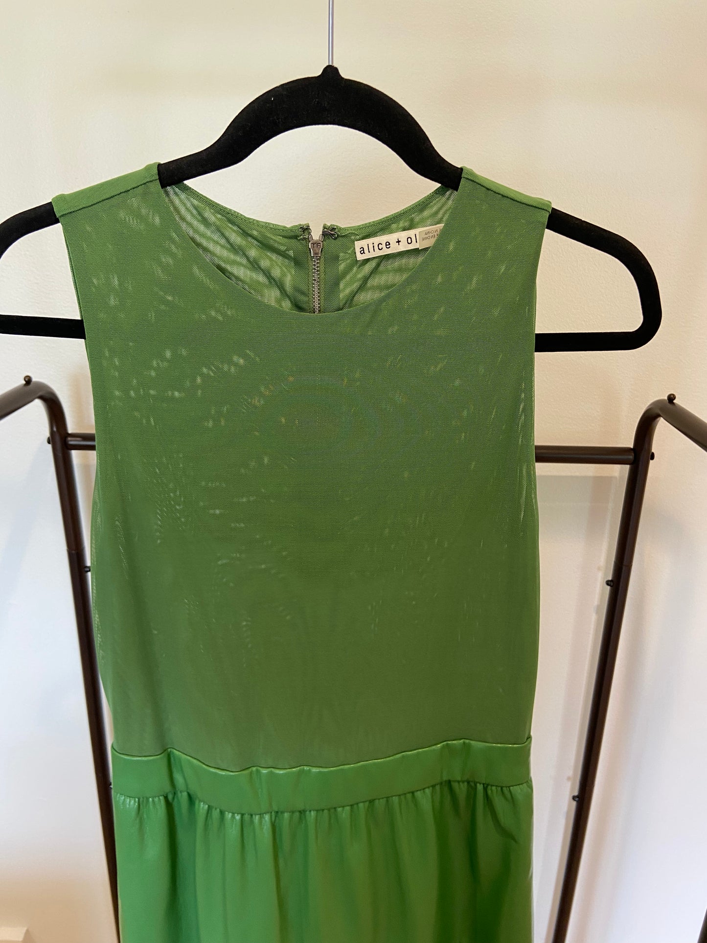Alice and Olivia Conley Vegan Leather Tiered Midi Dress in Green size 6