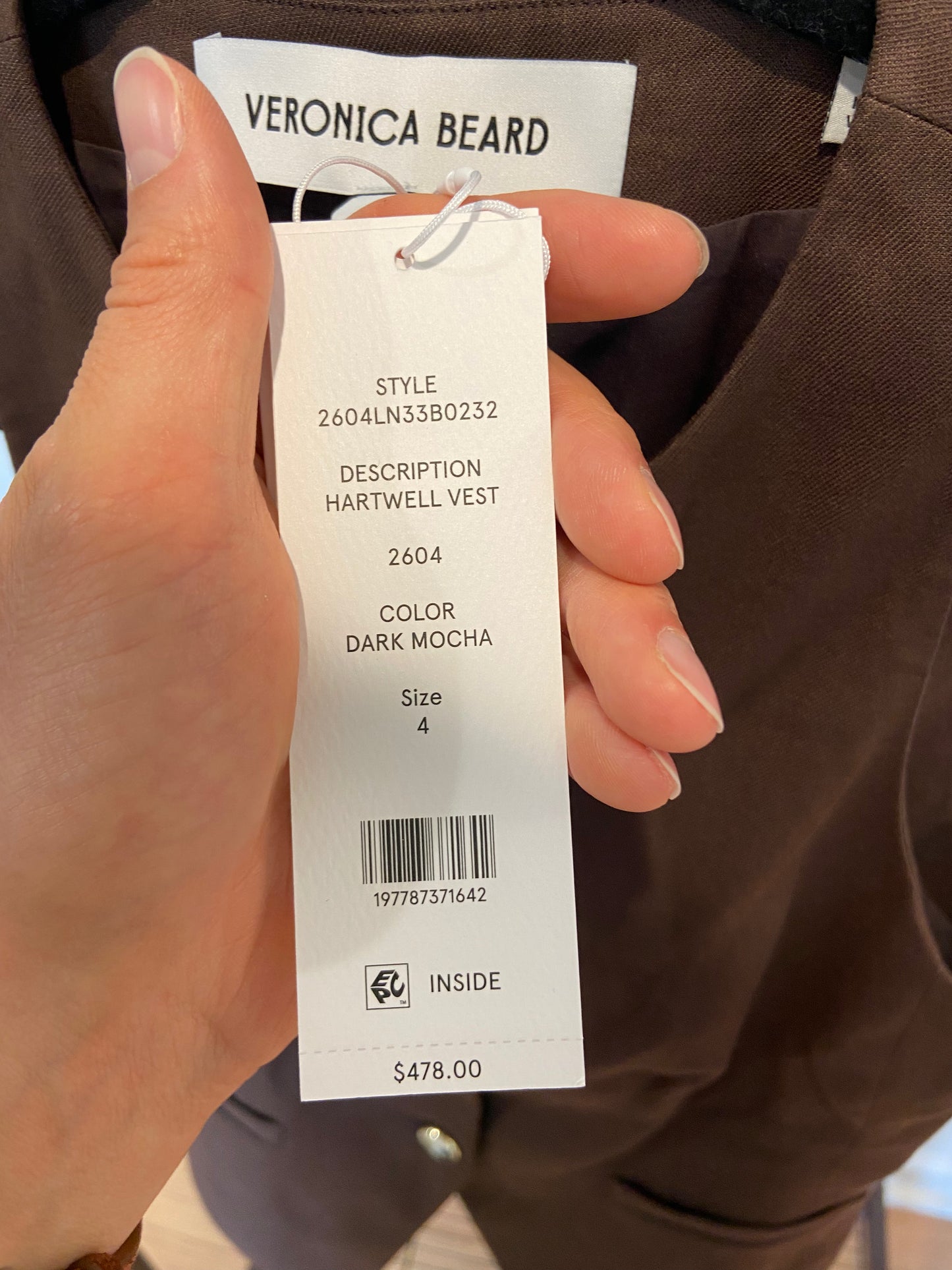 Veronica Beard Heartwell Tailored Vest in Dark Mocha size 4