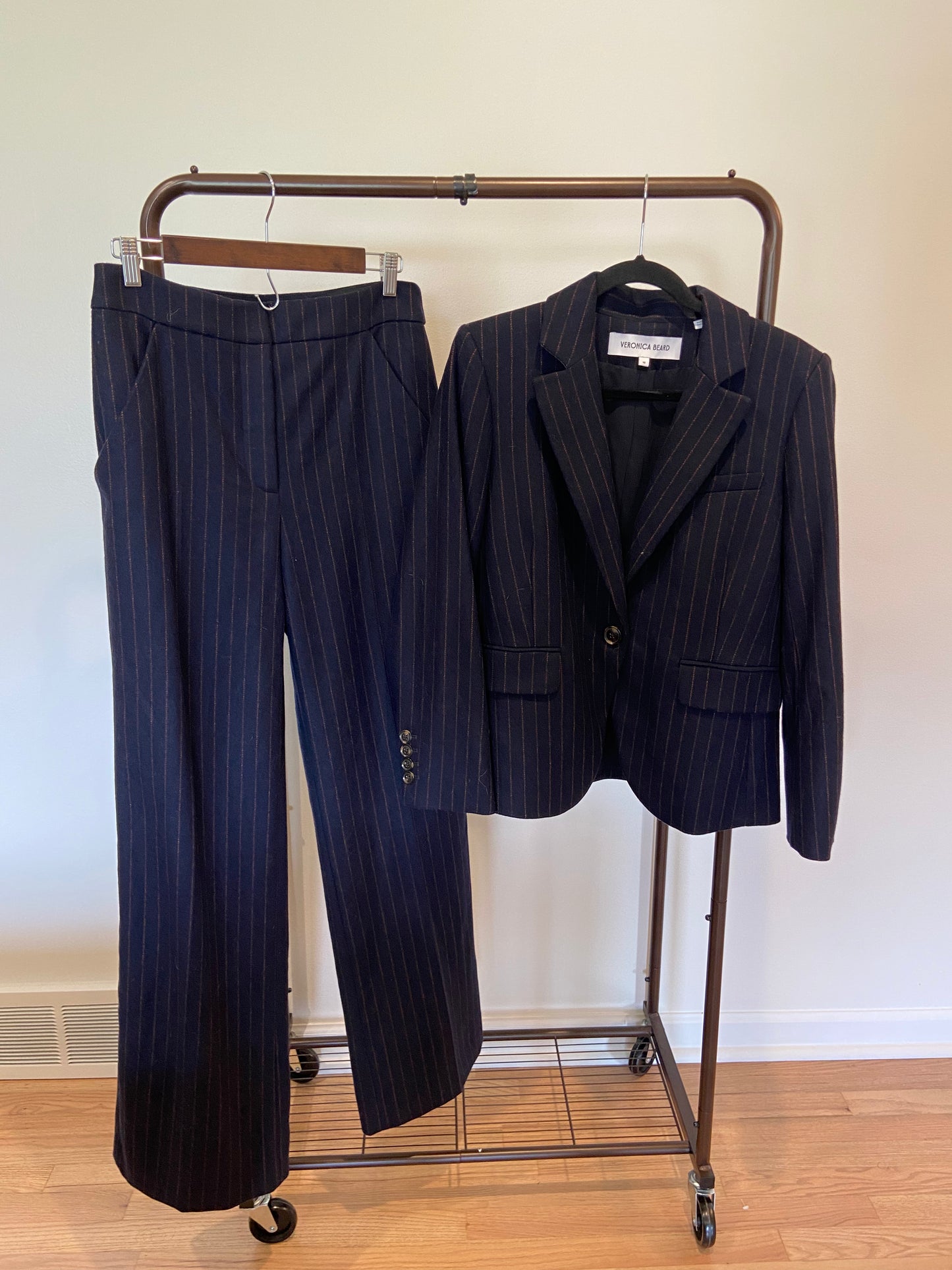 Veronica Beard Tyra Pinstriped Dickey Jacket with Tonelli Pinstriped Pant in Navy Multi size 10