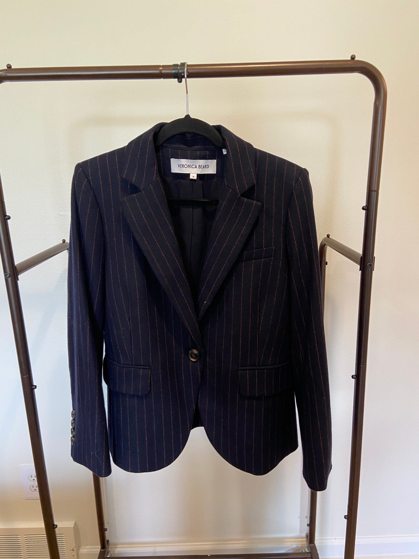 Veronica Beard Tyra Pinstriped Dickey Jacket with Tonelli Pinstriped Pant in Navy Multi size 10