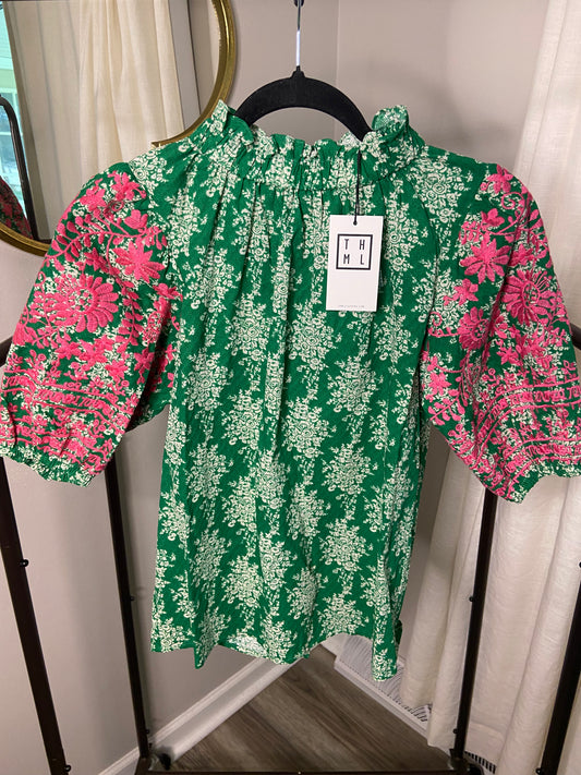 THML Anegada Embroidered Sleeve Top-Green size XS