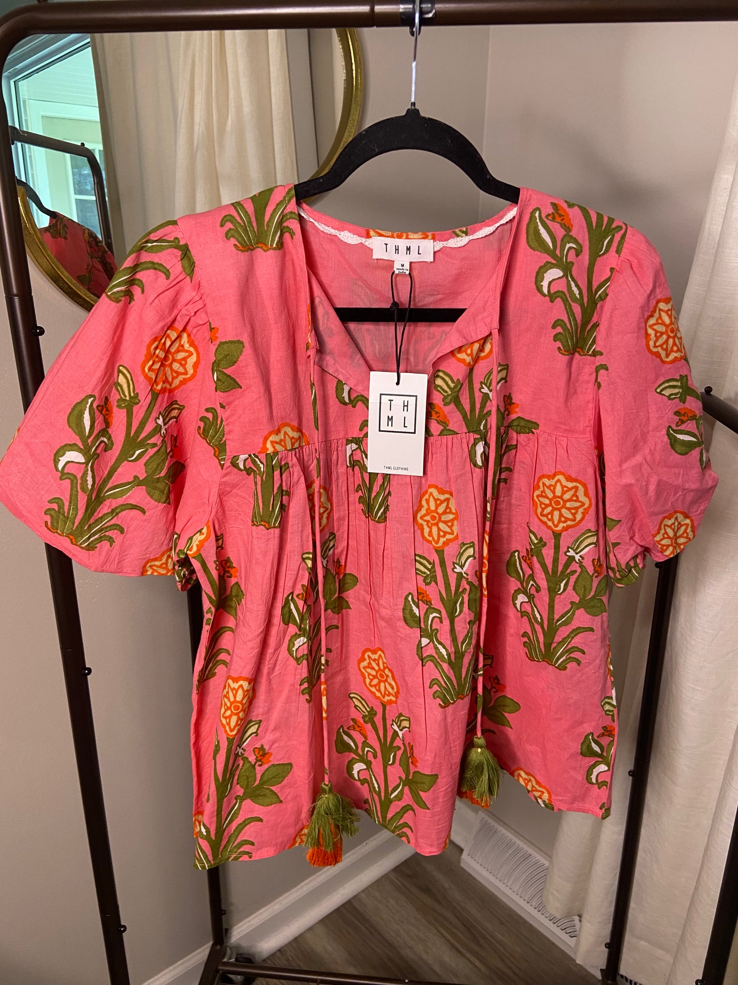 THML Printed Puff Sleeve Tassel Tie Blouse size M