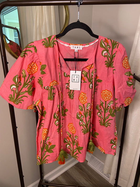 THML Printed Puff Sleeve Tassel Tie Blouse size M