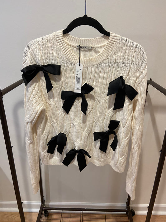 Alice and Olivia Beau Cable Knit Bow Sweater in Ecru Black size S