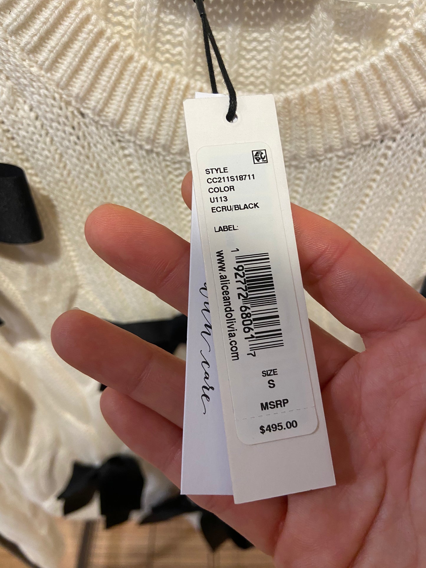 Alice and Olivia Beau Cable Knit Bow Sweater in Ecru Black size S