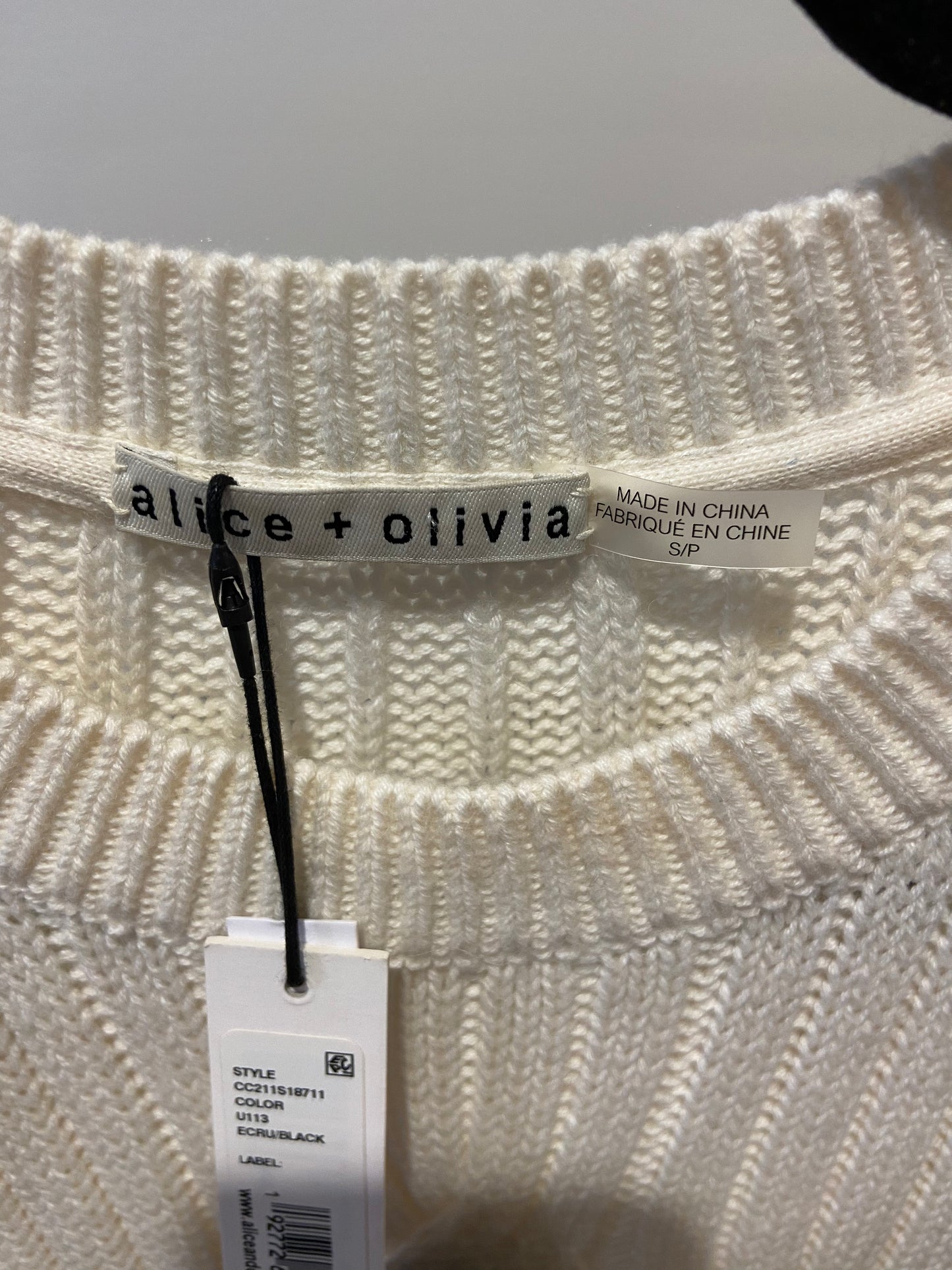 Alice and Olivia Beau Cable Knit Bow Sweater in Ecru Black size S