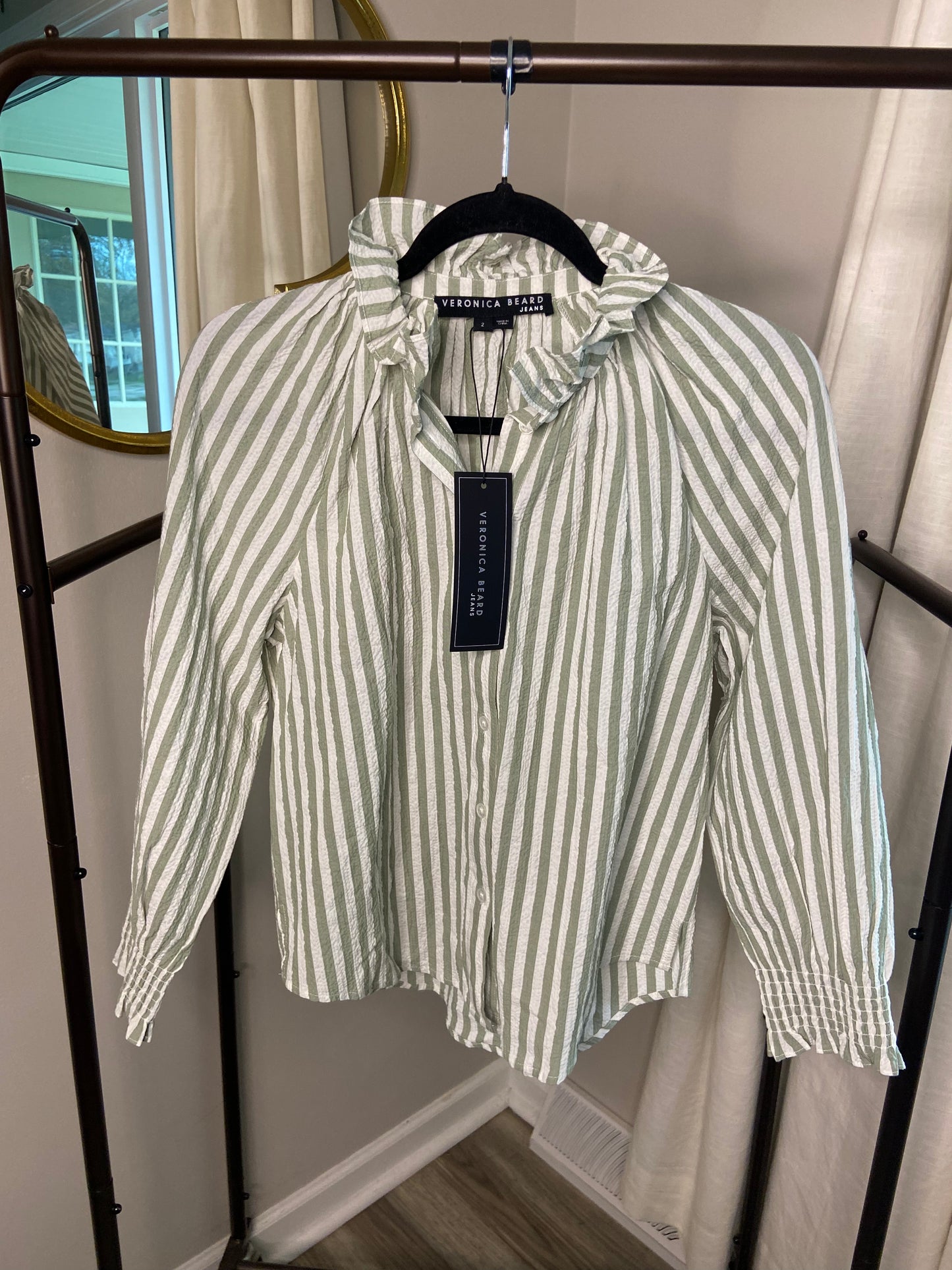 Veronica Beard Calisto Shirt in Sage/White size 2