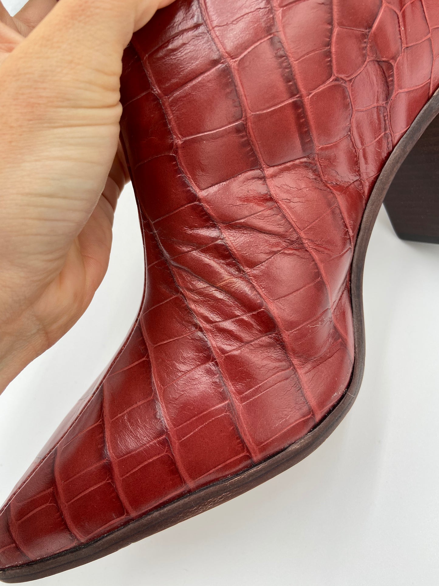 Schutz Maryana Block Boots in Croc Brown Red