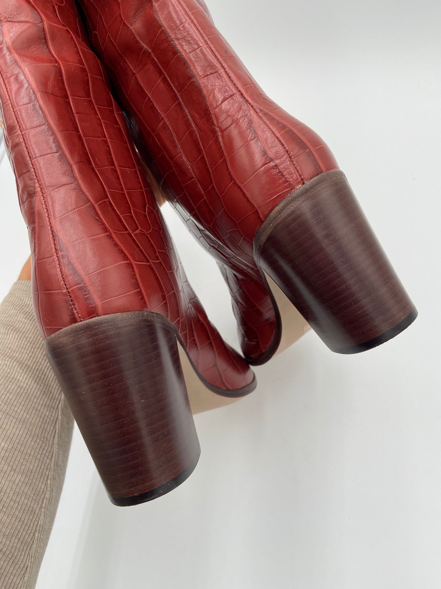 Schutz Maryana Block Boots in Croc Brown Red