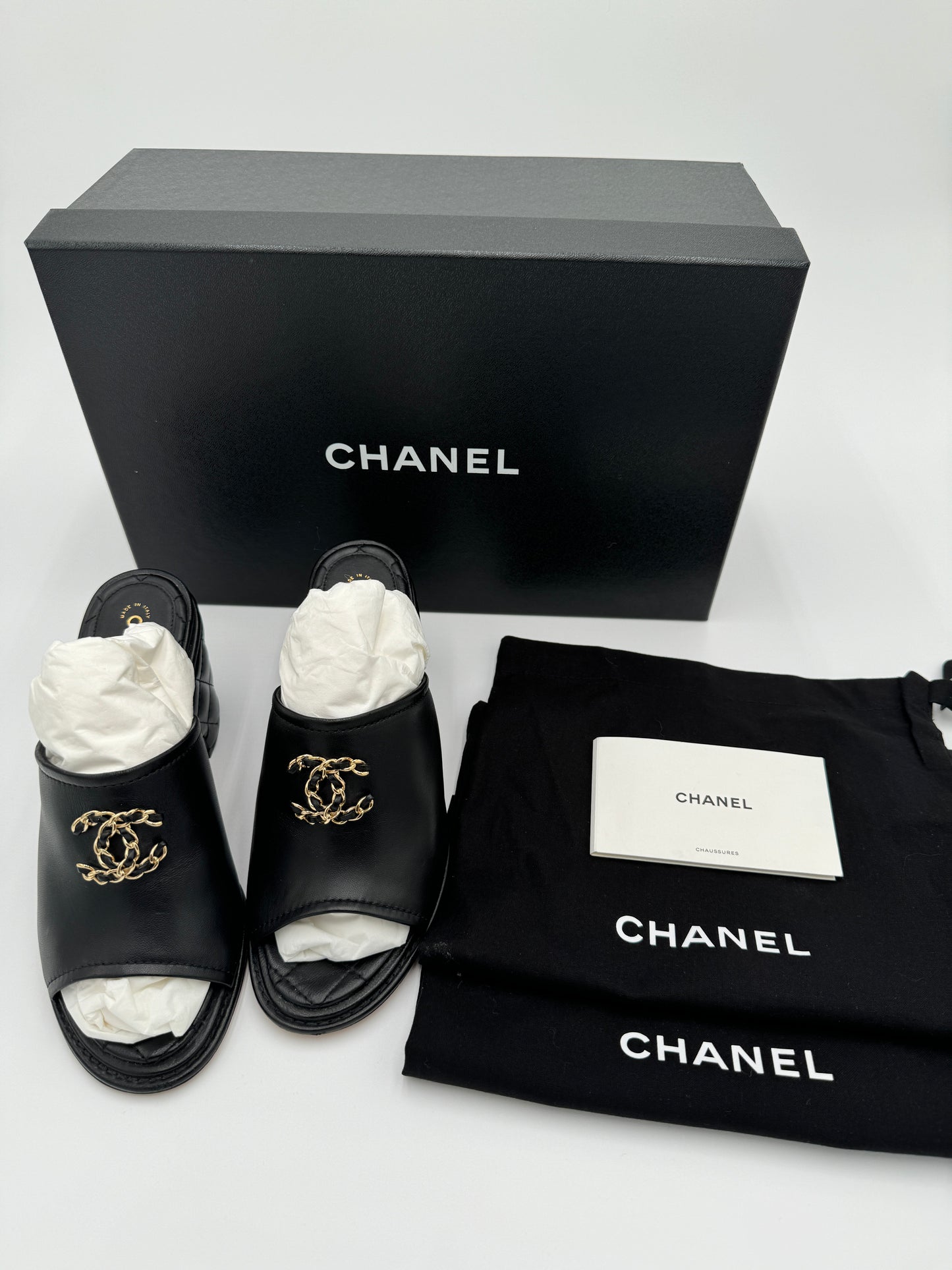 CHANEL Quilted Black Leather Interlocking CC Mules size 36