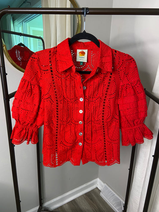 Farm Rio Pineapple Eyelet Red Blouse size XS