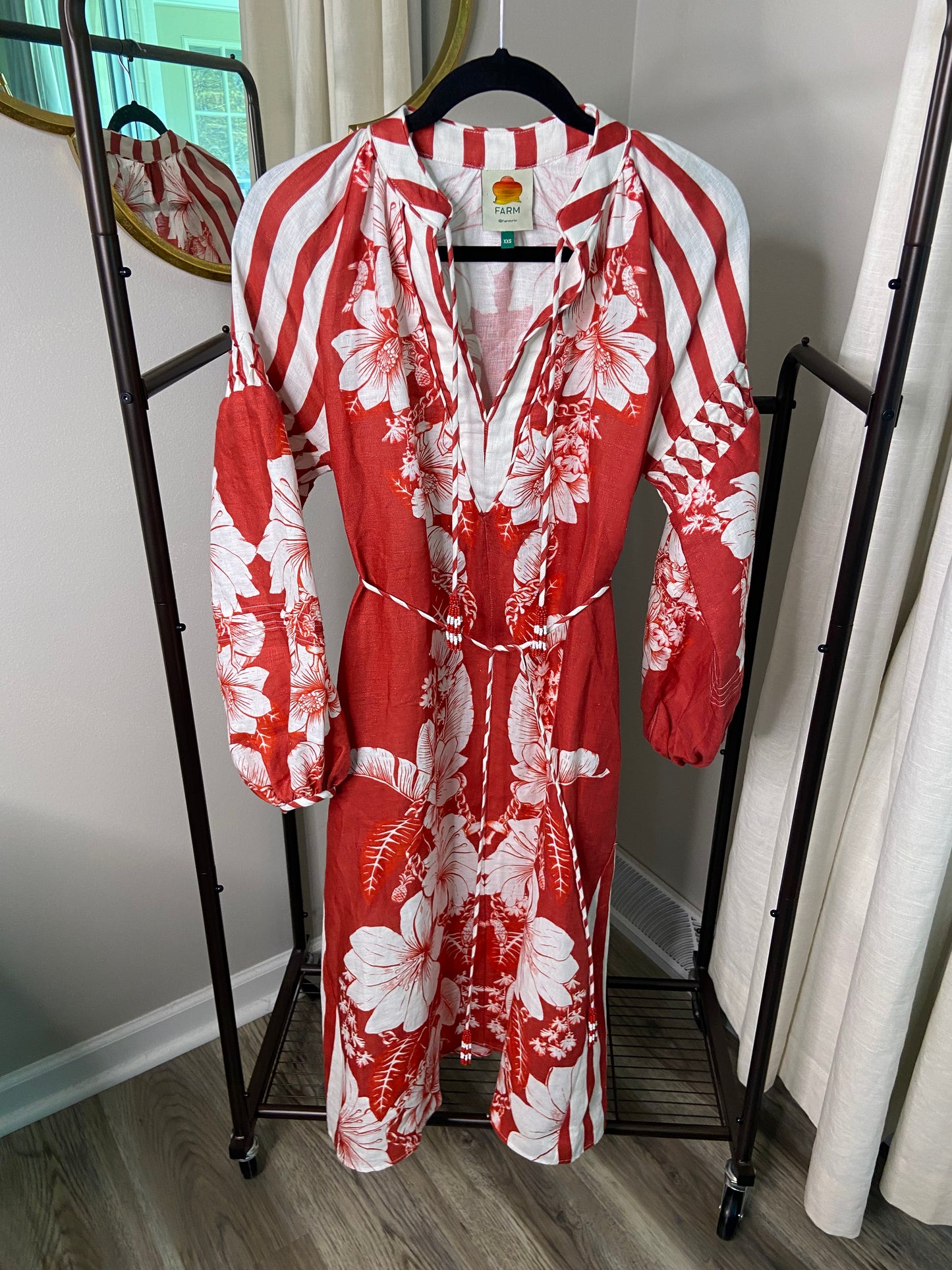 Farm Rio Red Floral Chains Stripes Midi Dress size XXS