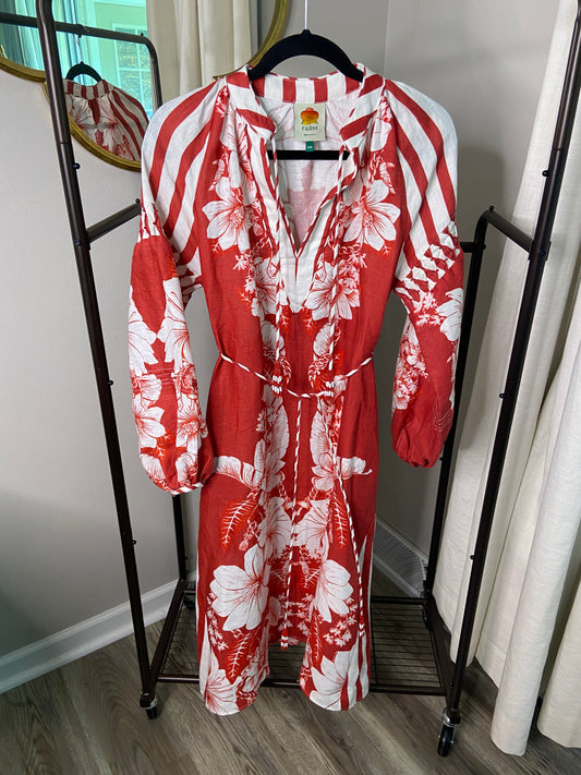 Farm Rio Red Floral Chains Stripes Midi Dress size XXS