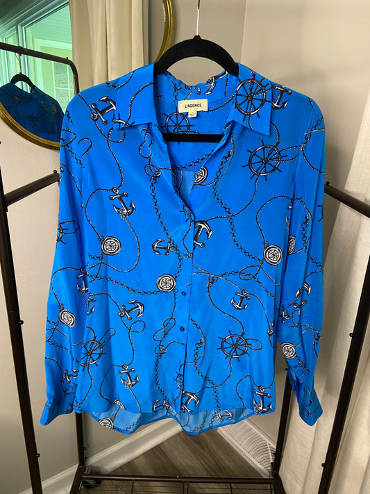 L'Agence Nina Blue Silk Anchor Print Blouse Top size S