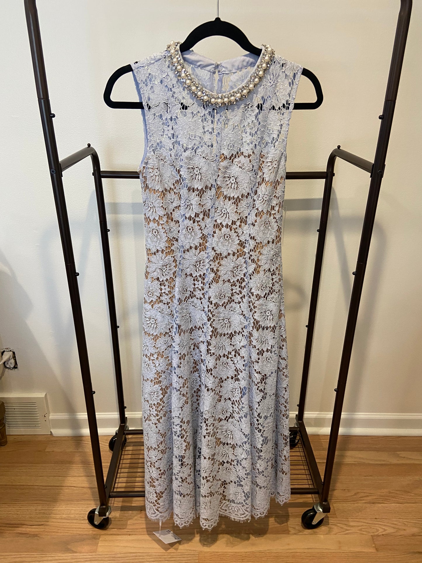 Self Portrait Blue Fine Lace Pearl Midi Dress size US 2