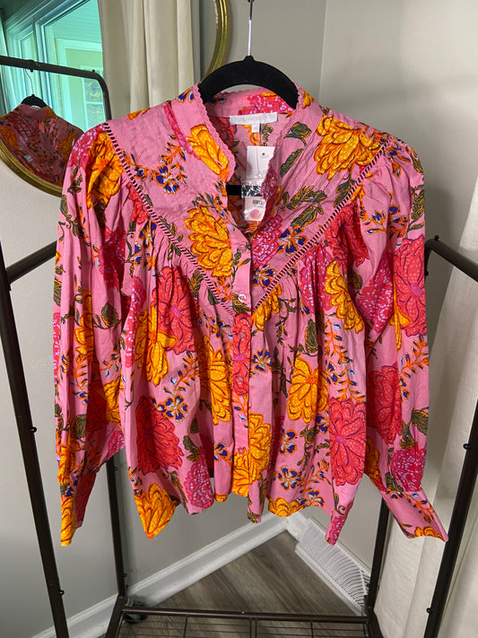 Olivaceous Floral Poplin Ruffle Sleeve Top size M
