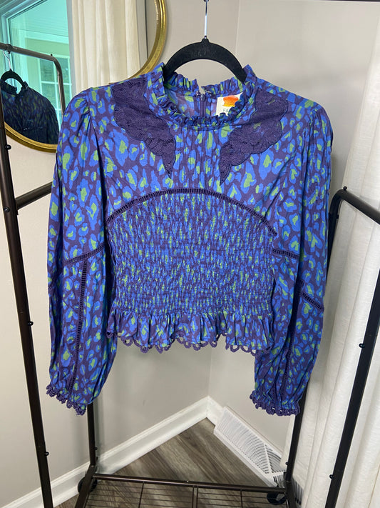 Farm Rio Leopard Print Smocked Lace Trim Blouse size XS