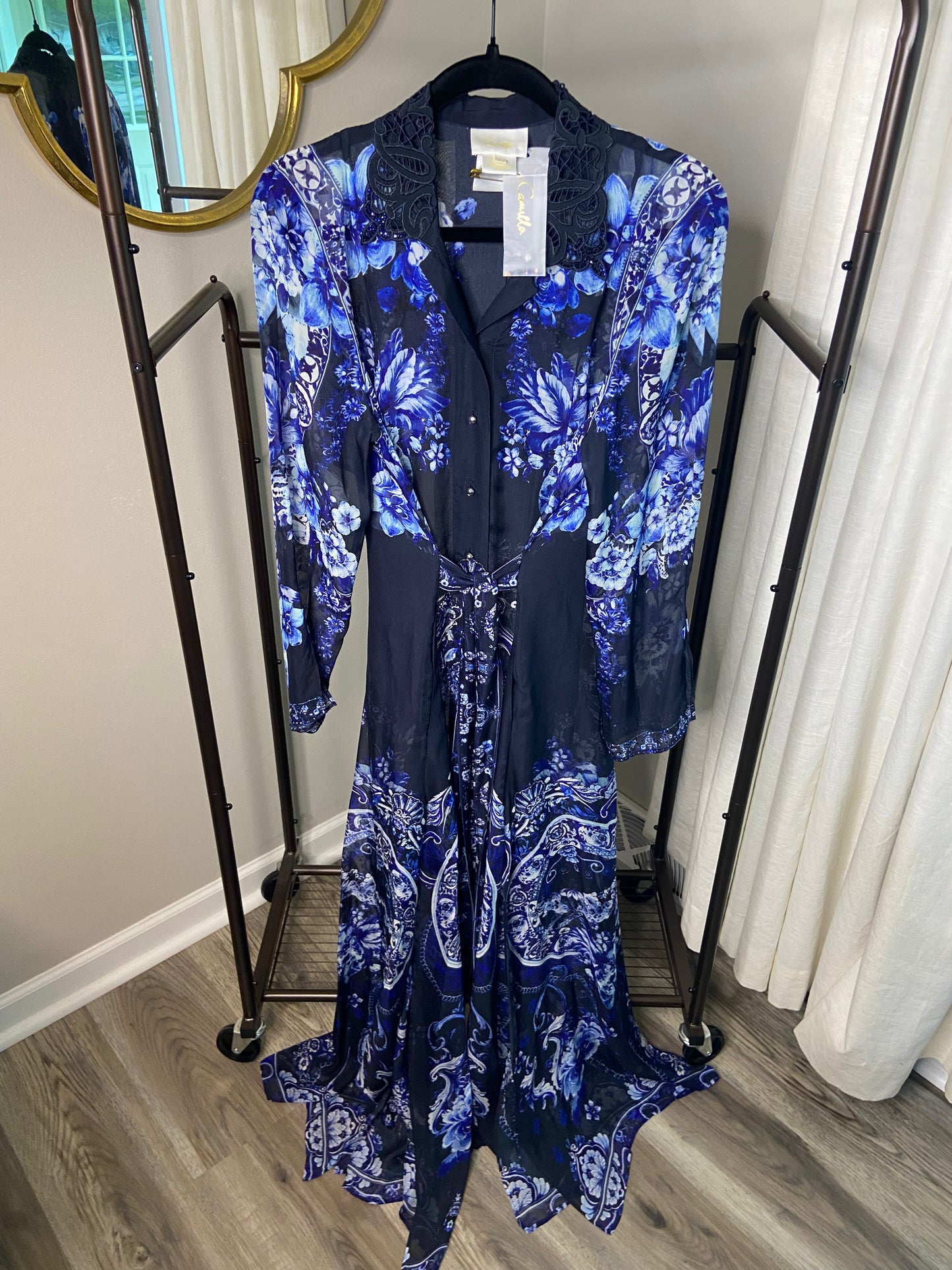 Camilla Floral Cutwork Lace Collar Long Sleeve Silk Shirtdress size L