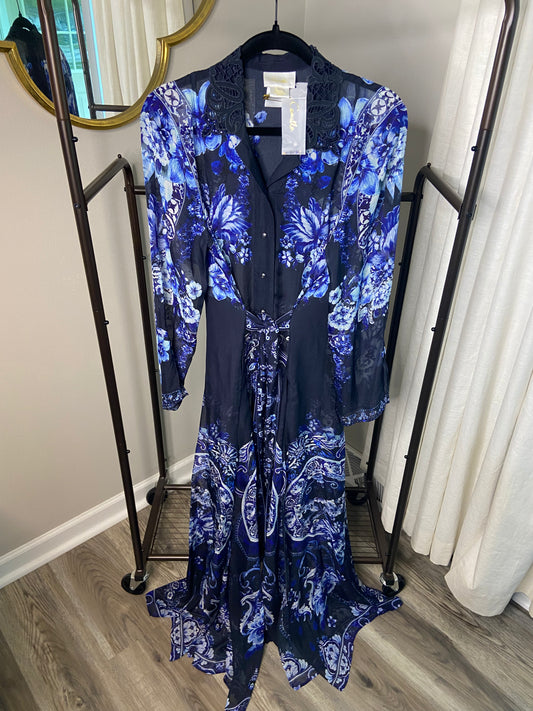 Camilla Floral Cutwork Lace Collar Long Sleeve Silk Shirtdress size L