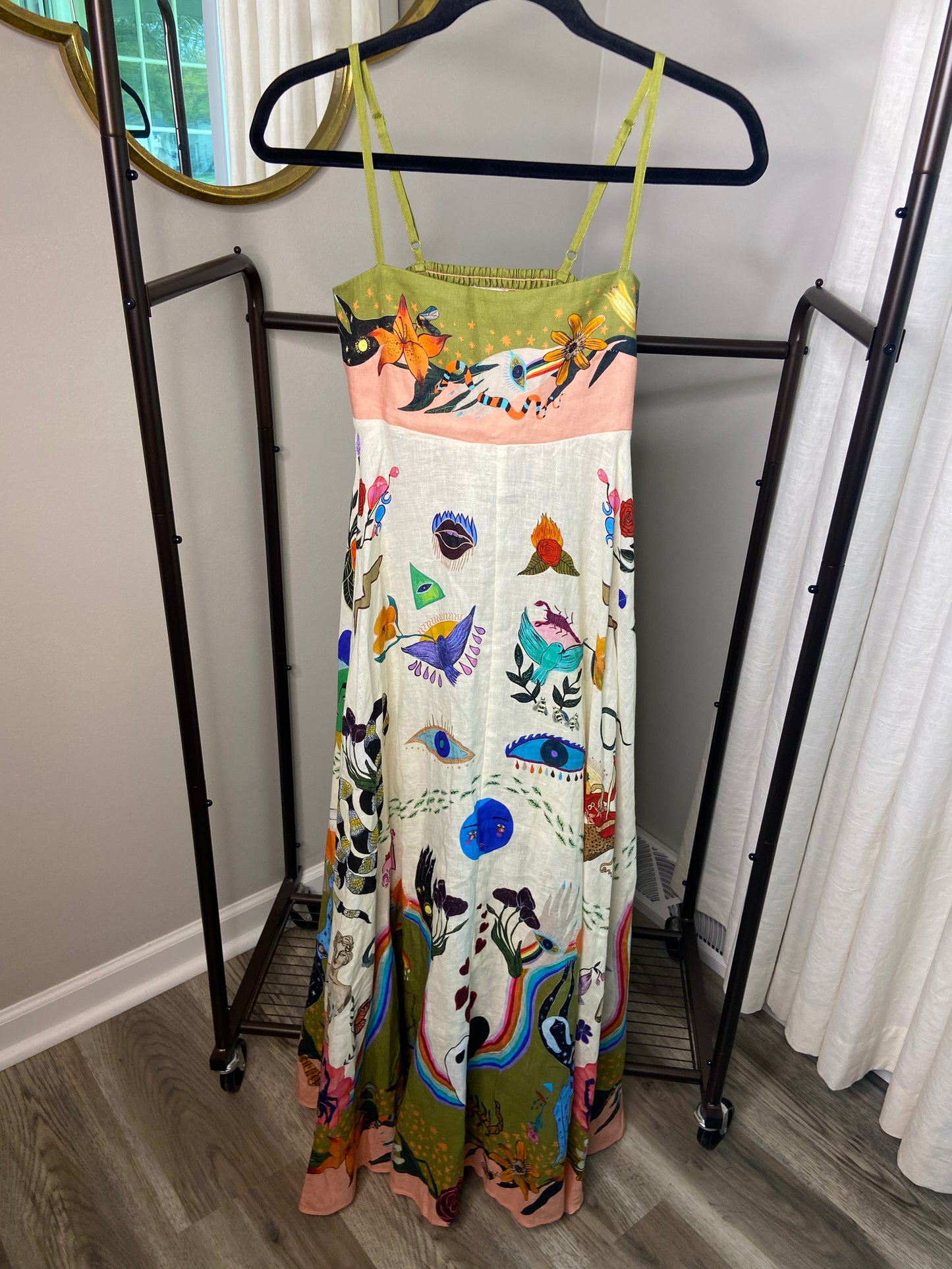 Alemais Evergreen Floral Linen Midi Sundress size US 2