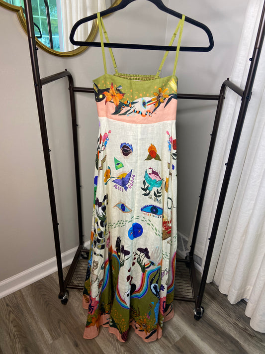 Alemais Evergreen Floral Linen Midi Sundress size US 2