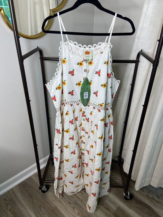 Farm Rio Mixed Cross Stitch Flowers Linen Midi Dress size XL
