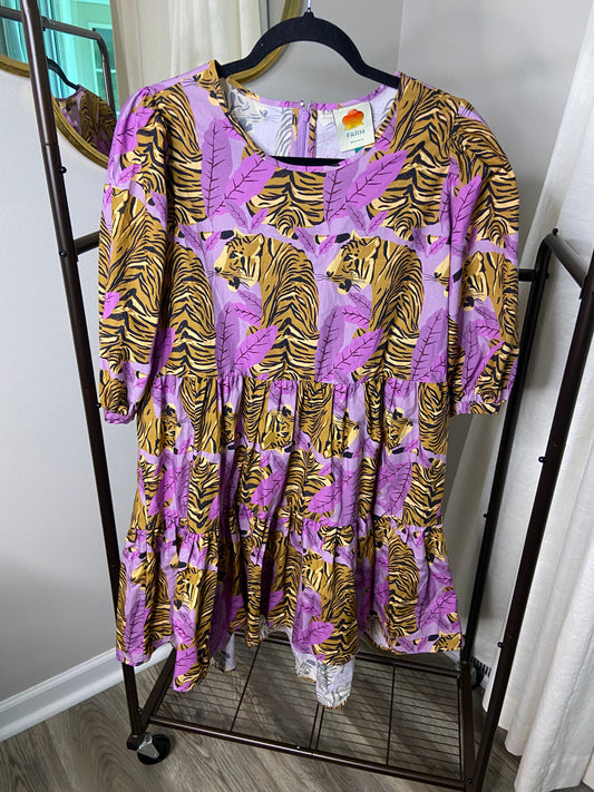 Farm Rio Tiger Leaves Lavender Puff Sleeve Mini Dress size L