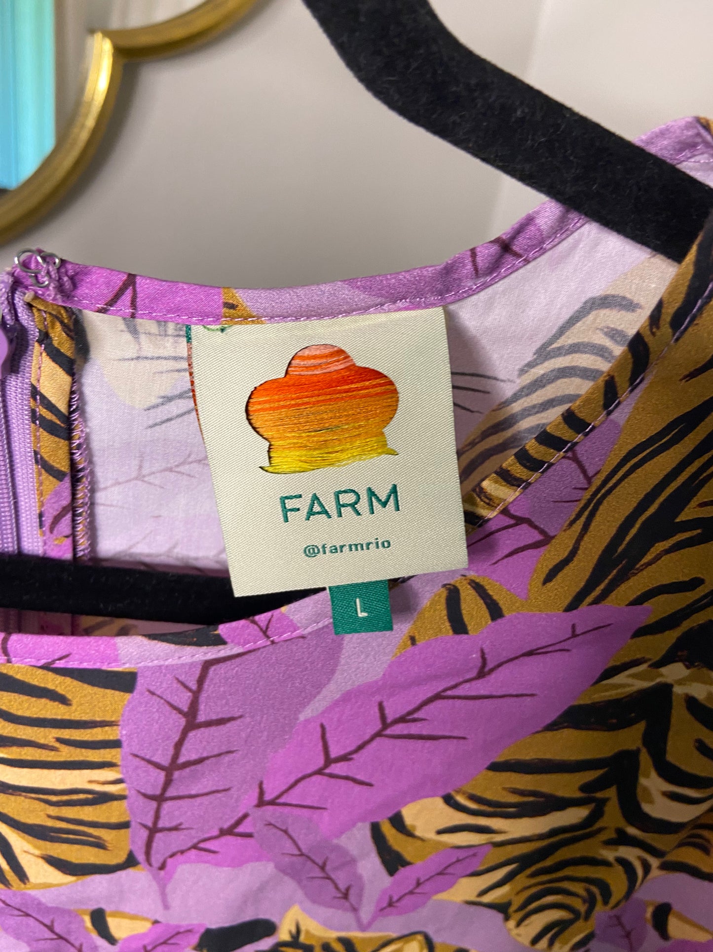 Farm Rio Tiger Leaves Lavender Puff Sleeve Mini Dress size L