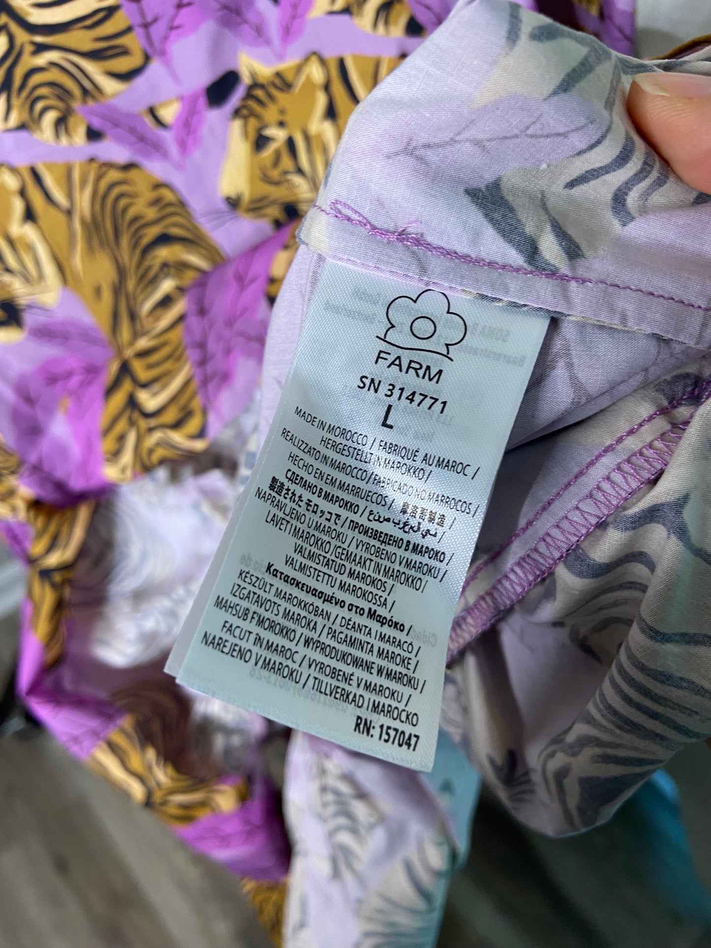 Farm Rio Tiger Leaves Lavender Puff Sleeve Mini Dress size L