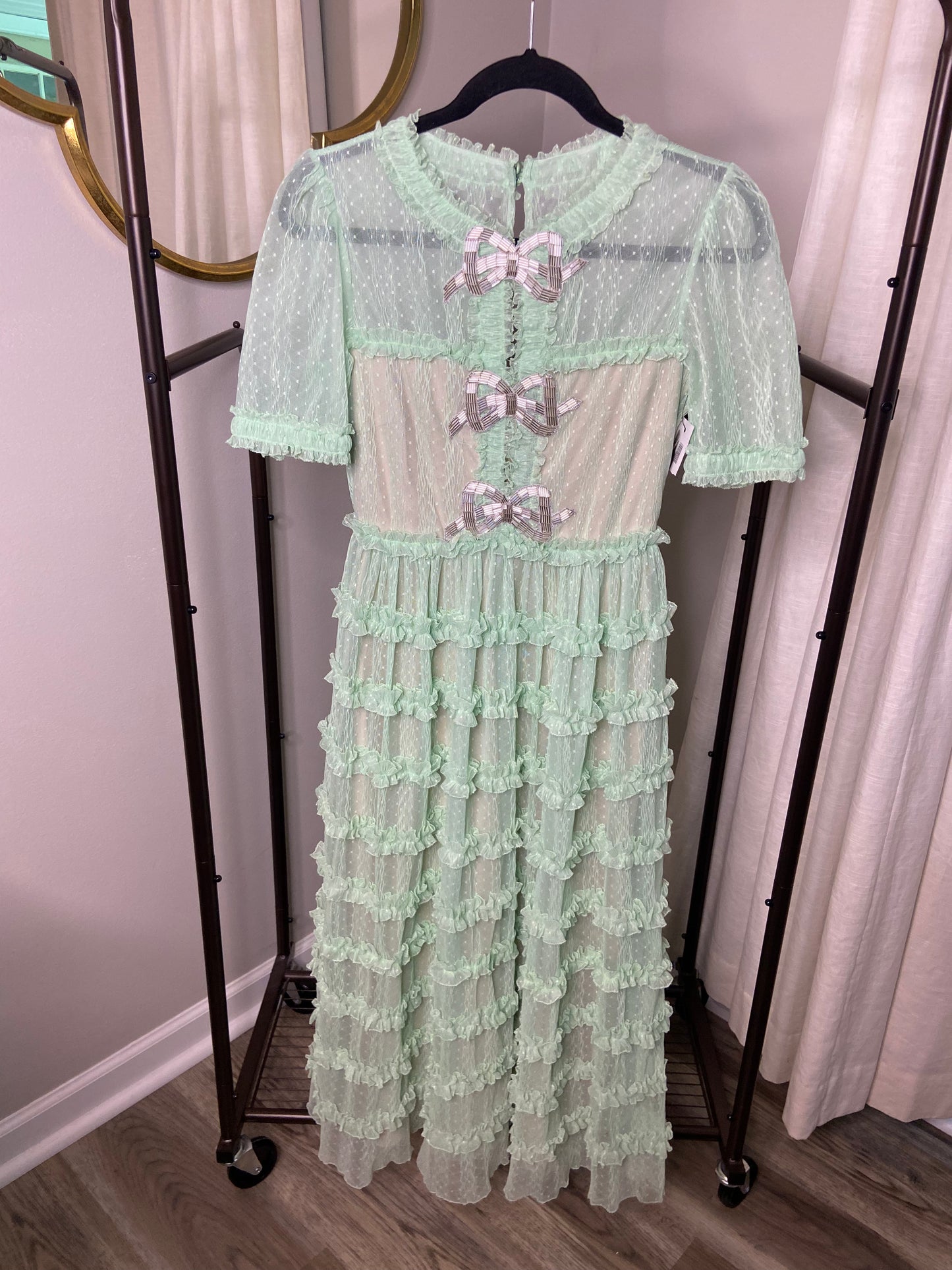 Saloni Camille Tiered Embellished Flocked Tulle Midi Dress size 2