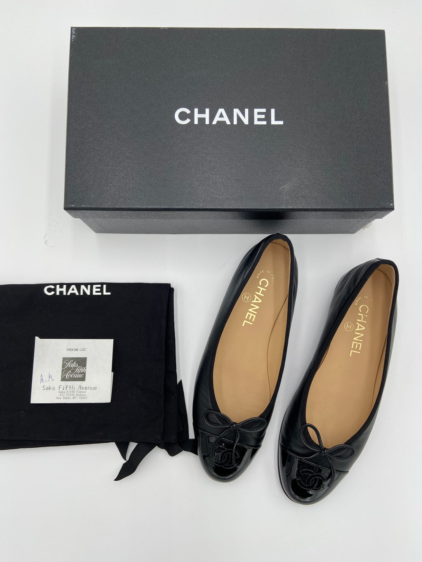 Chanel Lambskin & Patent Calfskin Black Ballet Flats size 38