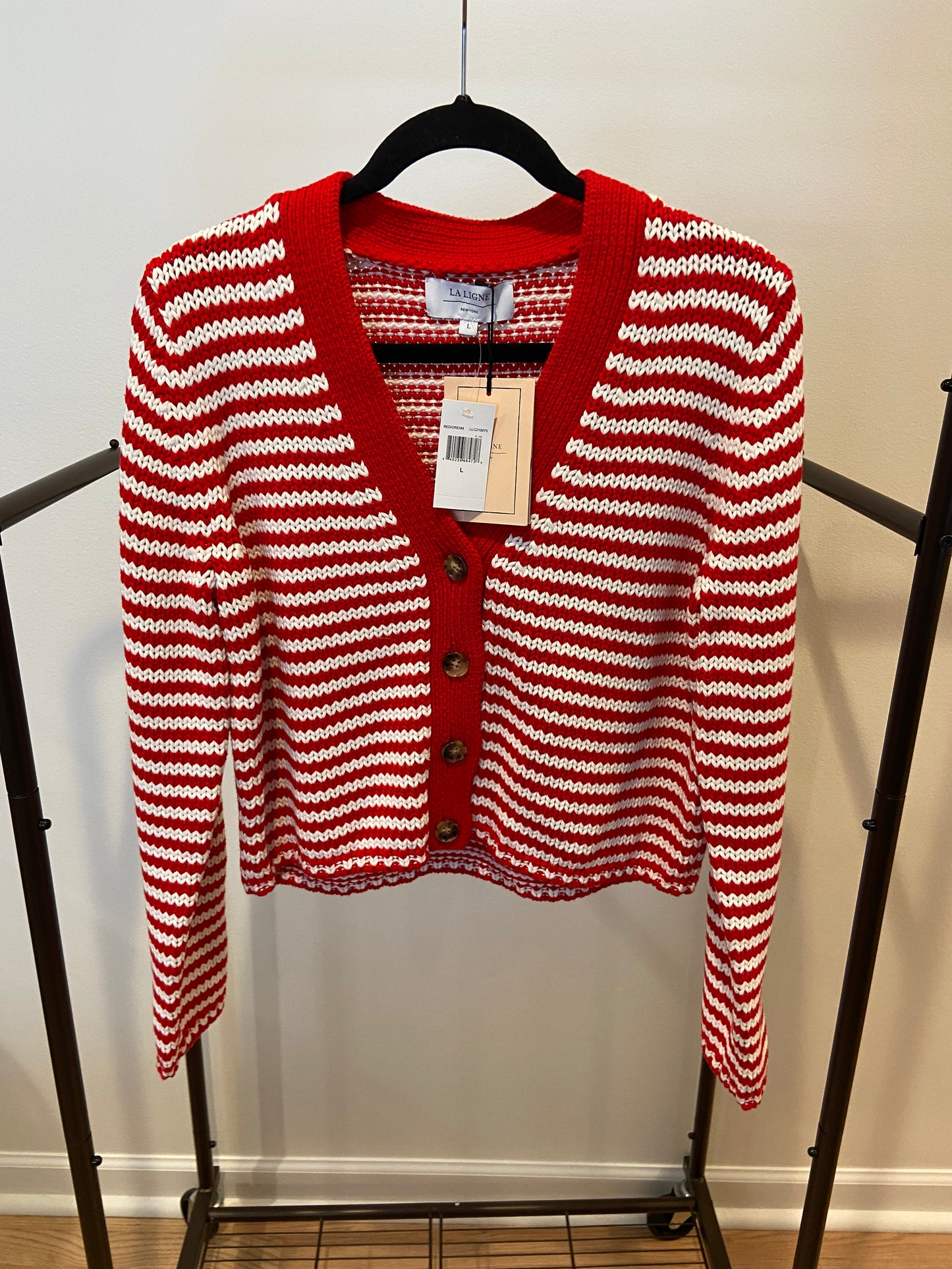 La Ligne Fine Stripe Mini Marina Cardigan - red/cream size L