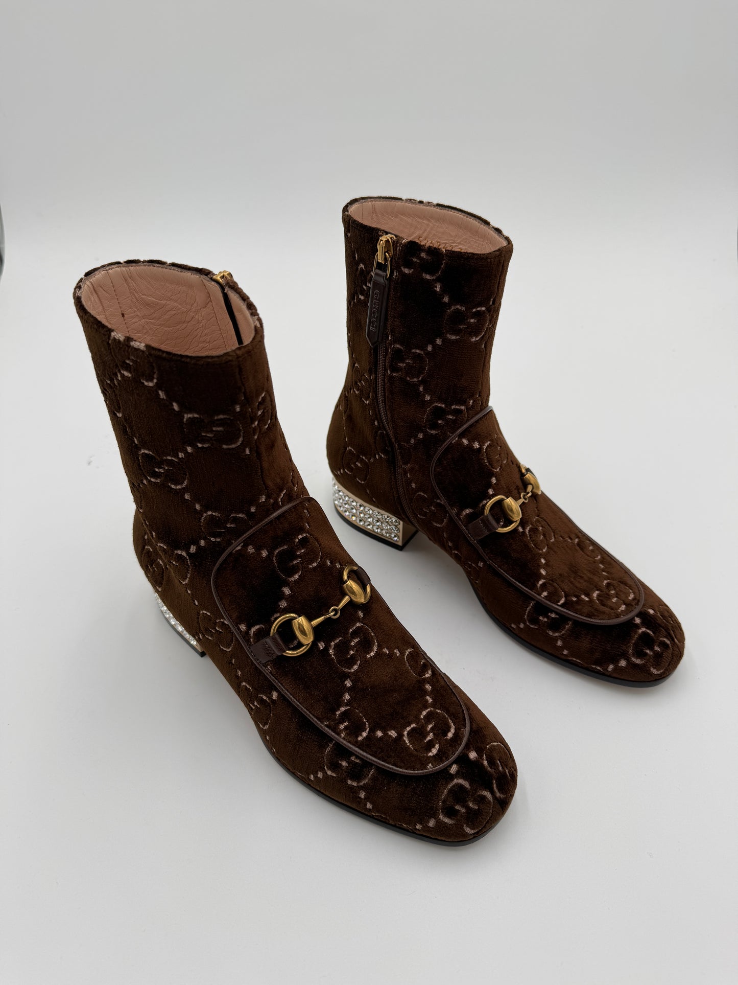 Gucci Brown GG Velvet Ankle Boots With Crystal Heels size 36.5