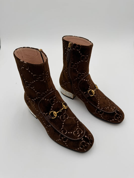 Gucci Brown GG Velvet Ankle Boots With Crystal Heels size 36.5