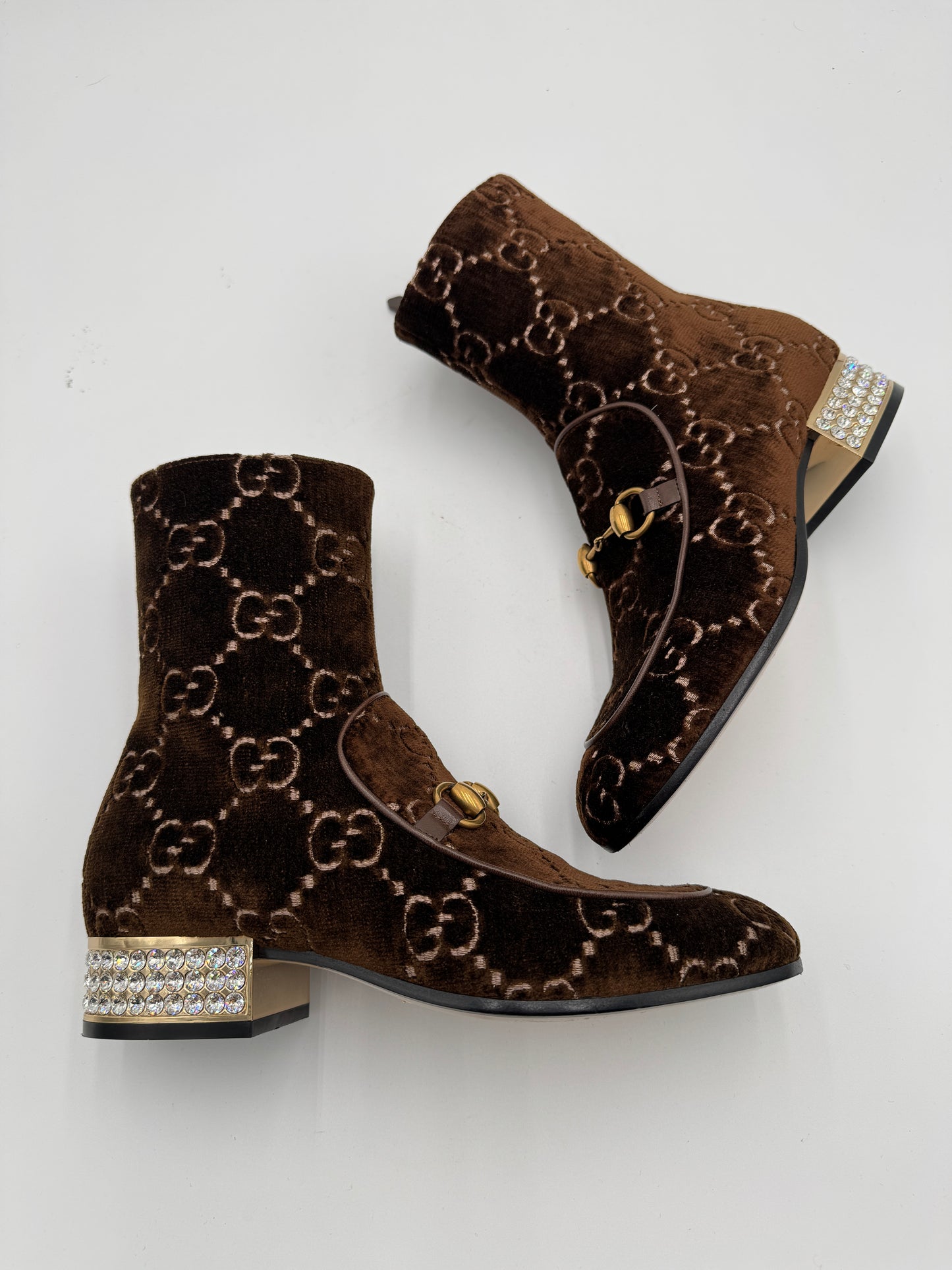 Gucci Brown GG Velvet Ankle Boots With Crystal Heels size 36.5