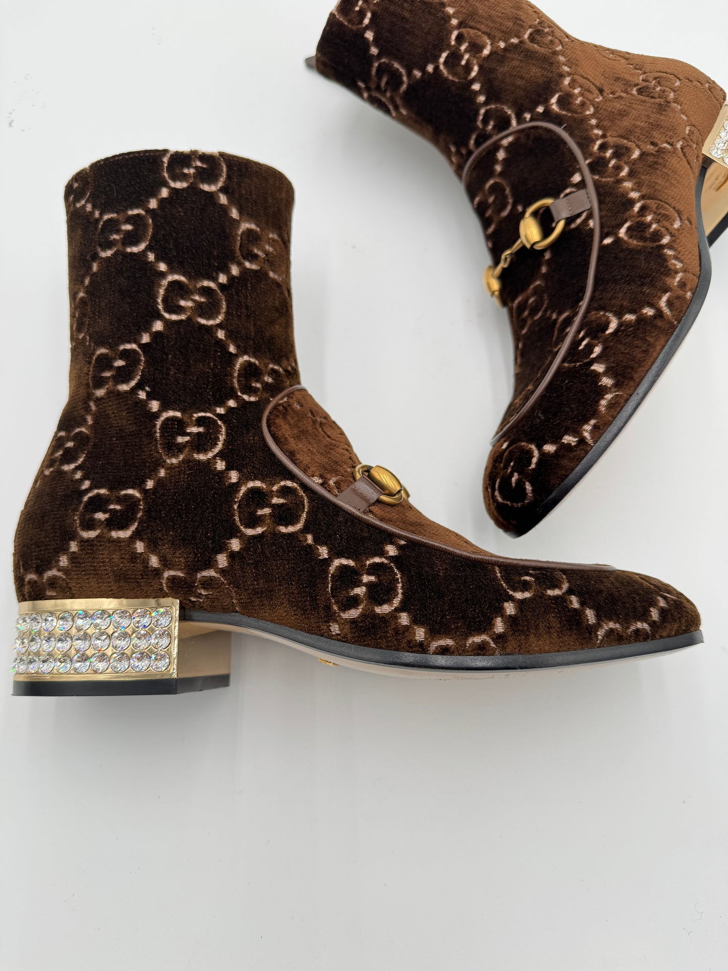 Gucci Brown GG Velvet Ankle Boots With Crystal Heels size 36.5