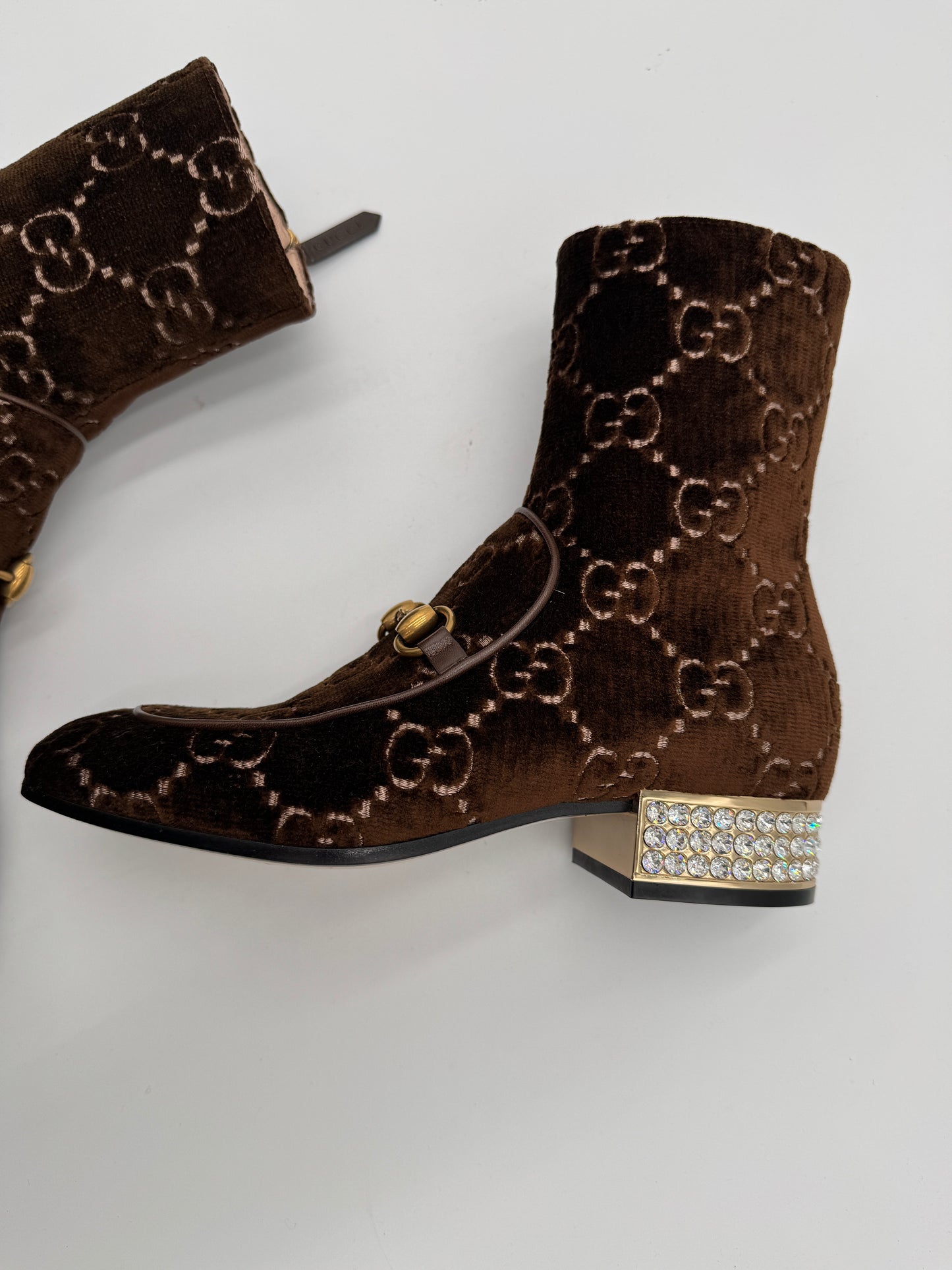 Gucci Brown GG Velvet Ankle Boots With Crystal Heels size 36.5