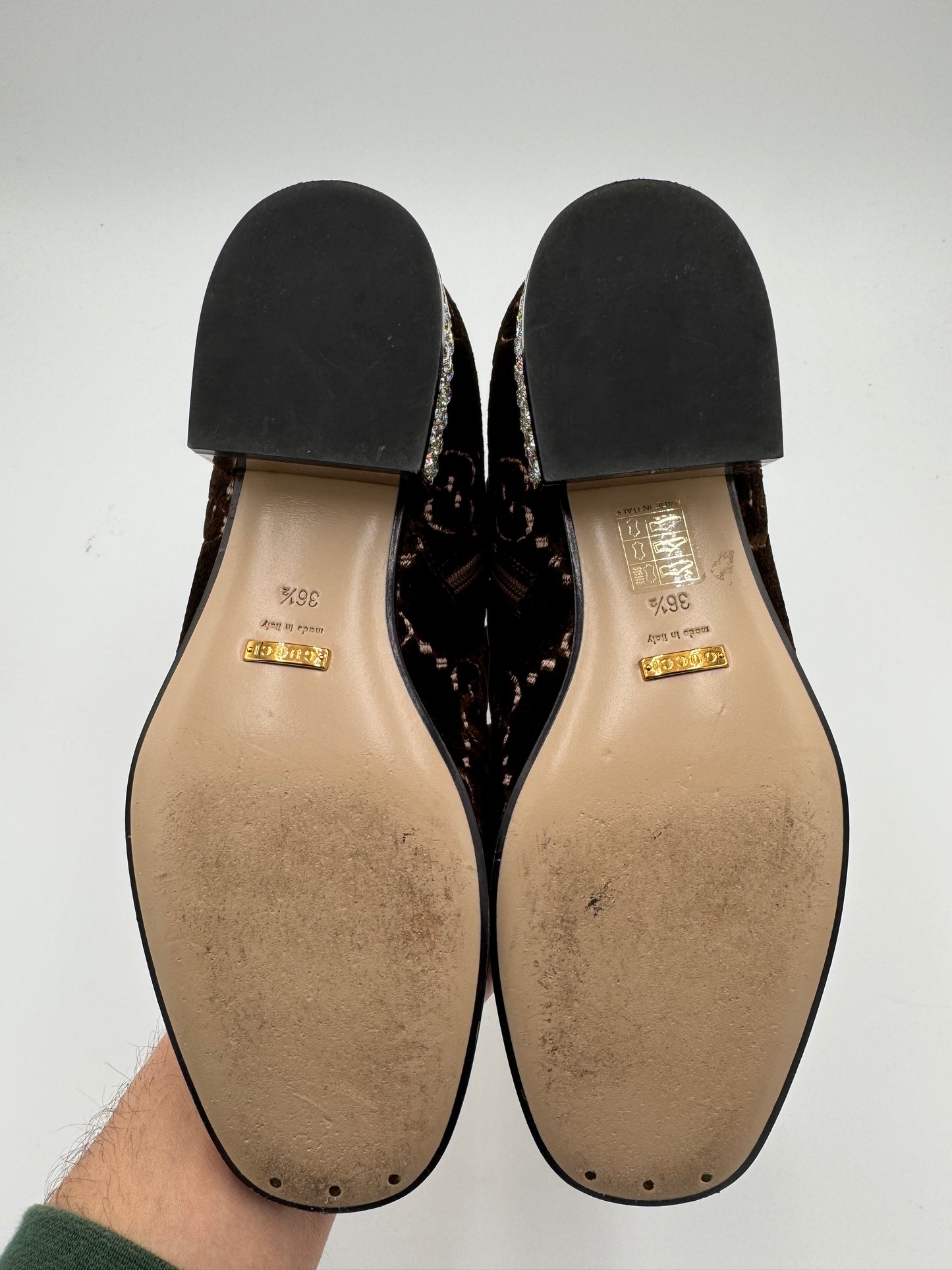 Gucci Brown GG Velvet Ankle Boots With Crystal Heels size 36.5