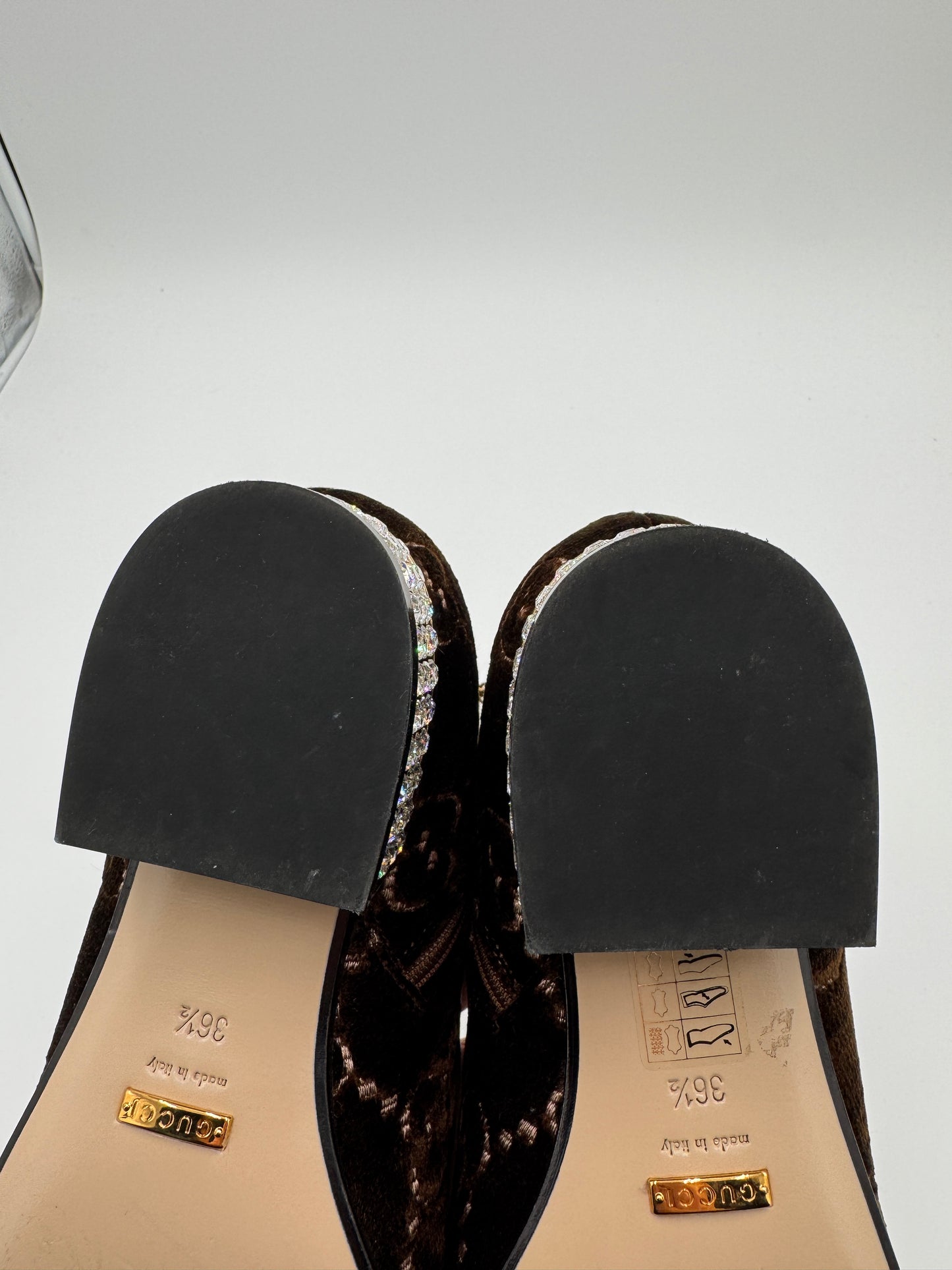 Gucci Brown GG Velvet Ankle Boots With Crystal Heels size 36.5