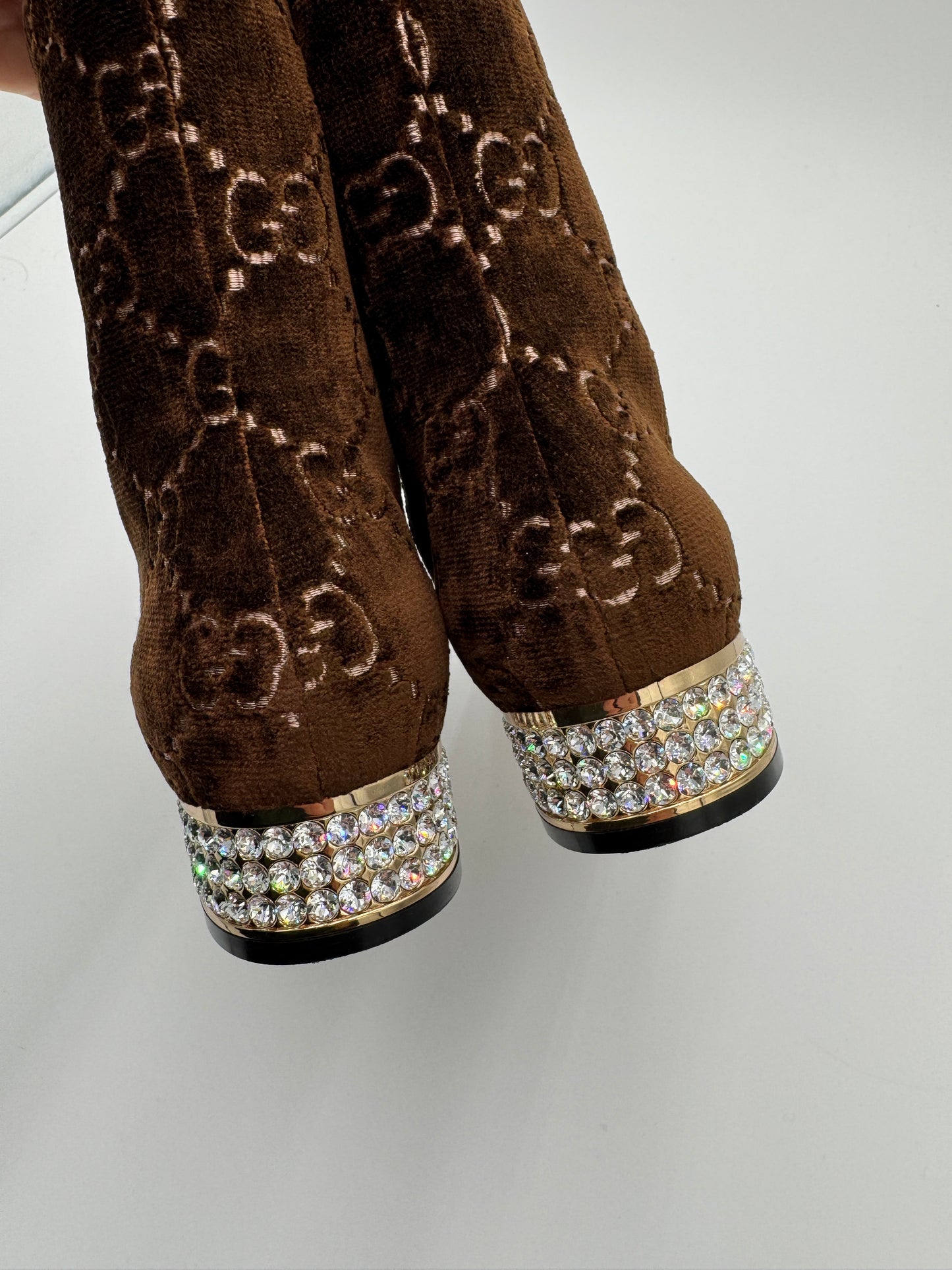 Gucci Brown GG Velvet Ankle Boots With Crystal Heels size 36.5
