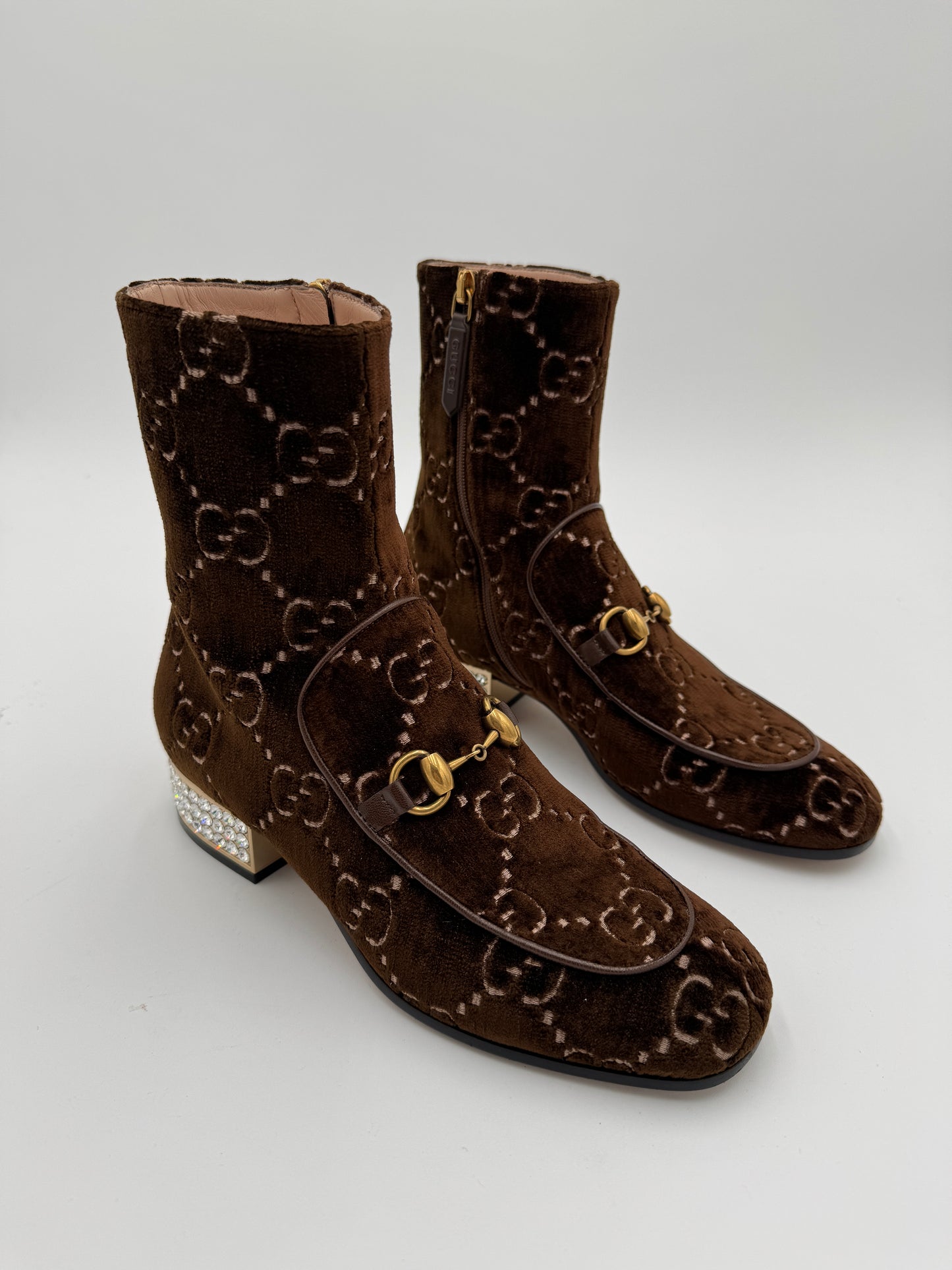 Gucci Brown GG Velvet Ankle Boots With Crystal Heels size 36.5