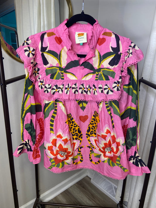 Farm Rio Leopard Forest Pink Blouse size XS