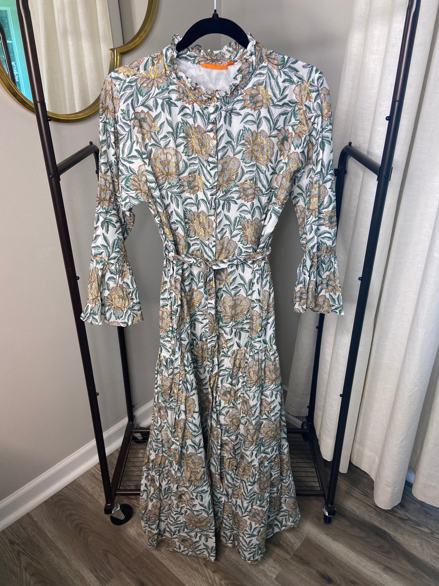 Oliphant Ruffle Collar Bell Maxi Dress in Hedera Green size L