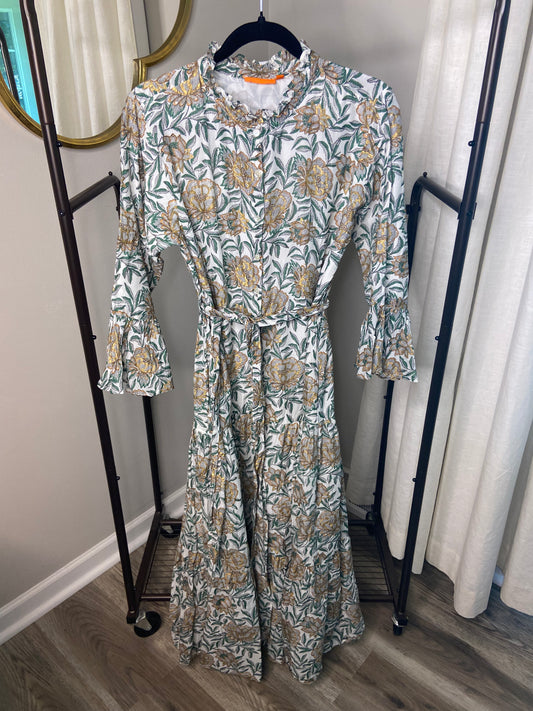 Oliphant Ruffle Collar Bell Maxi Dress in Hedera Green size L