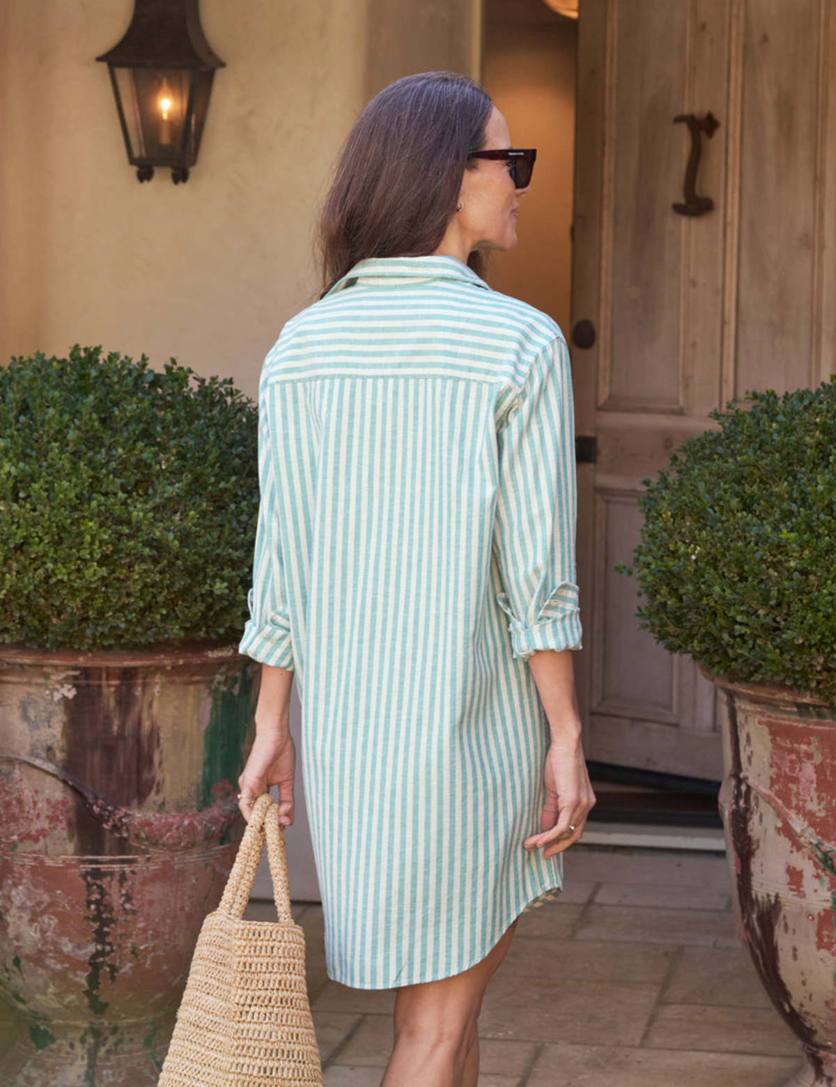 Frank & Eileen Mary Classic Shirtdress in Green/Sand Stripe size M