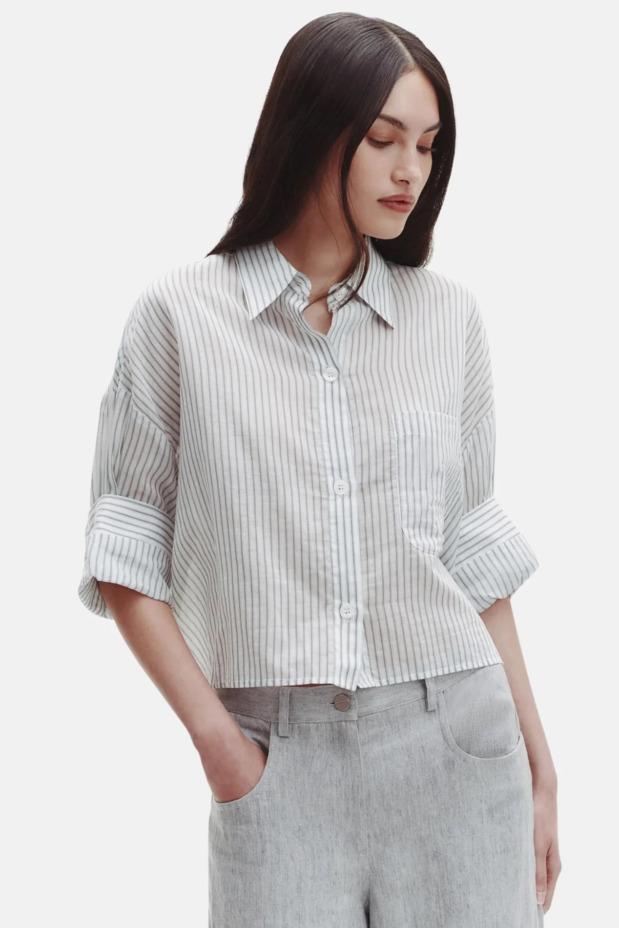TWP Next Ex Shirt Cotton/Silk Harbor Gray Stripe size XS/S