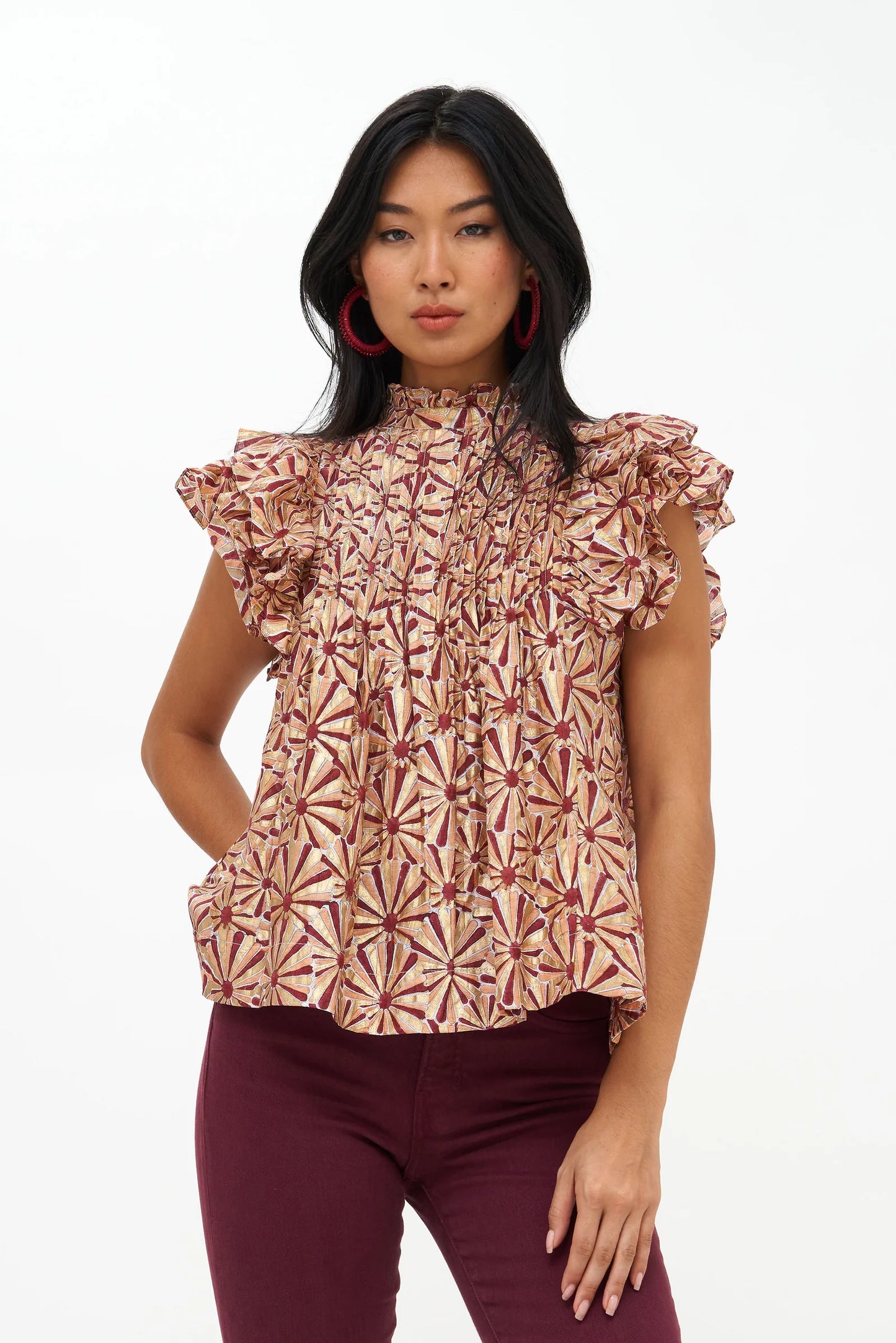 Oliphant Pintuck Ruffle Blouse Wine Roman size XXS