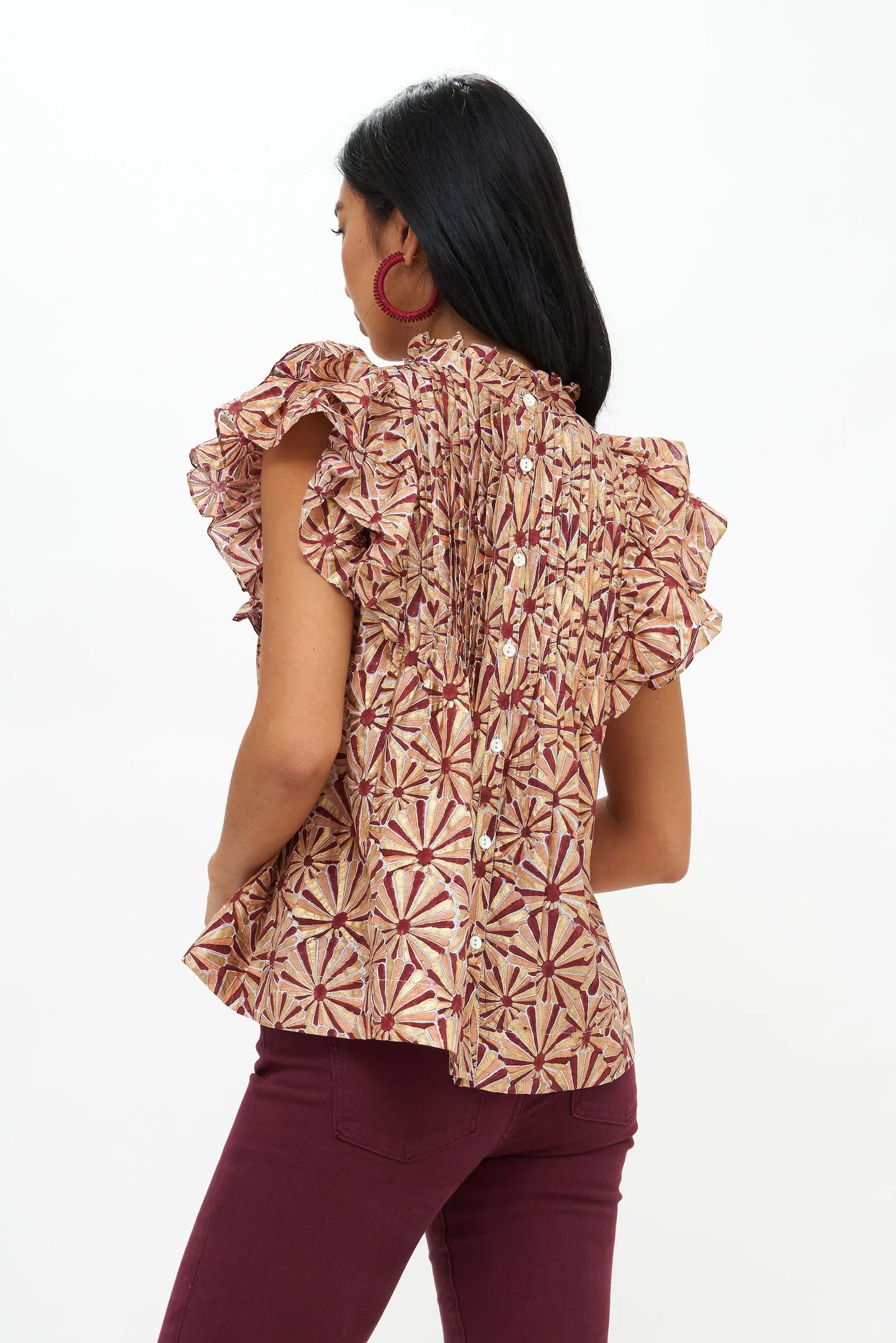 Oliphant Pintuck Ruffle Blouse Wine Roman size XXS