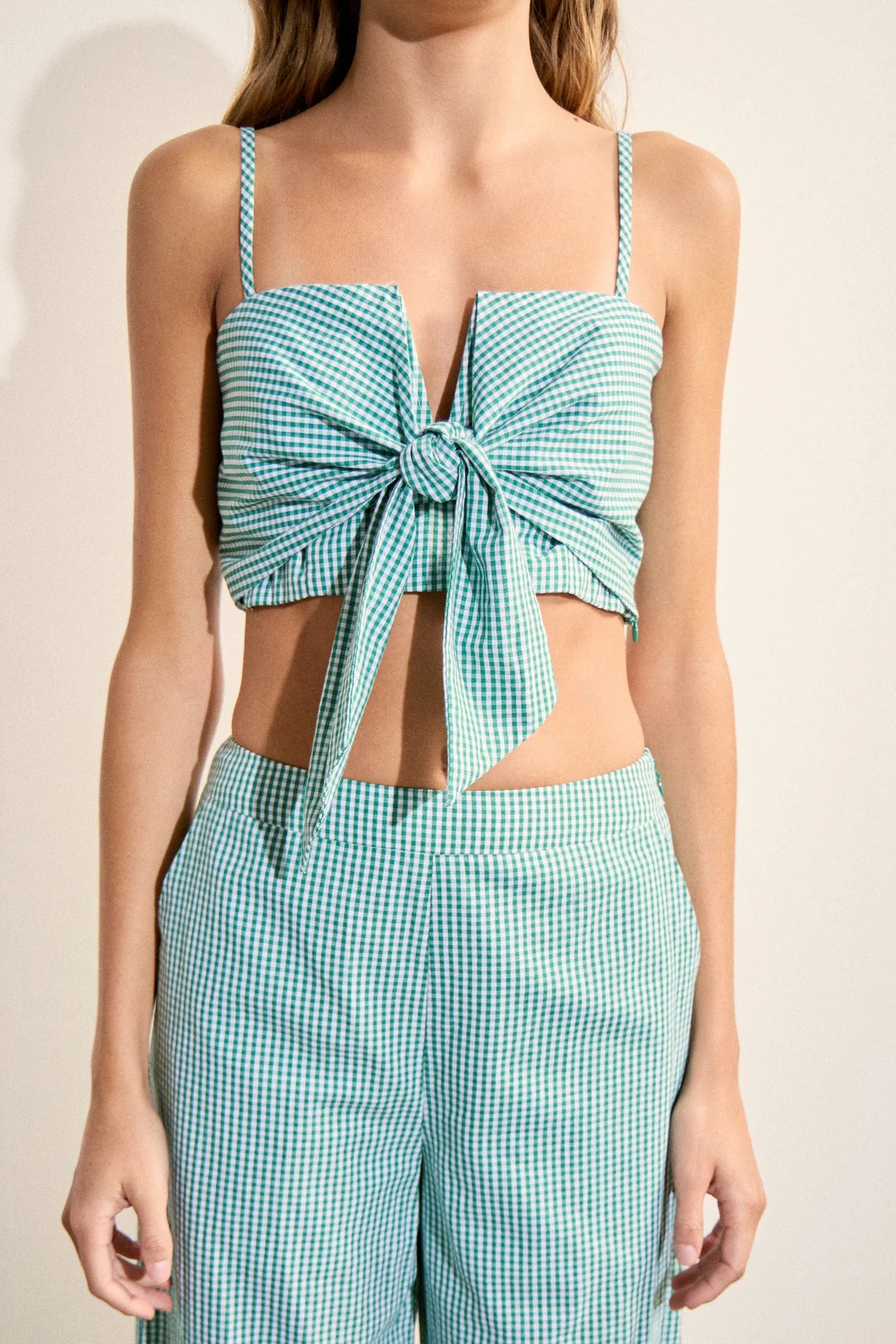 English Factory Gingham Twist Crop Top with Culotte Breeze Pants in Kelly Green size M